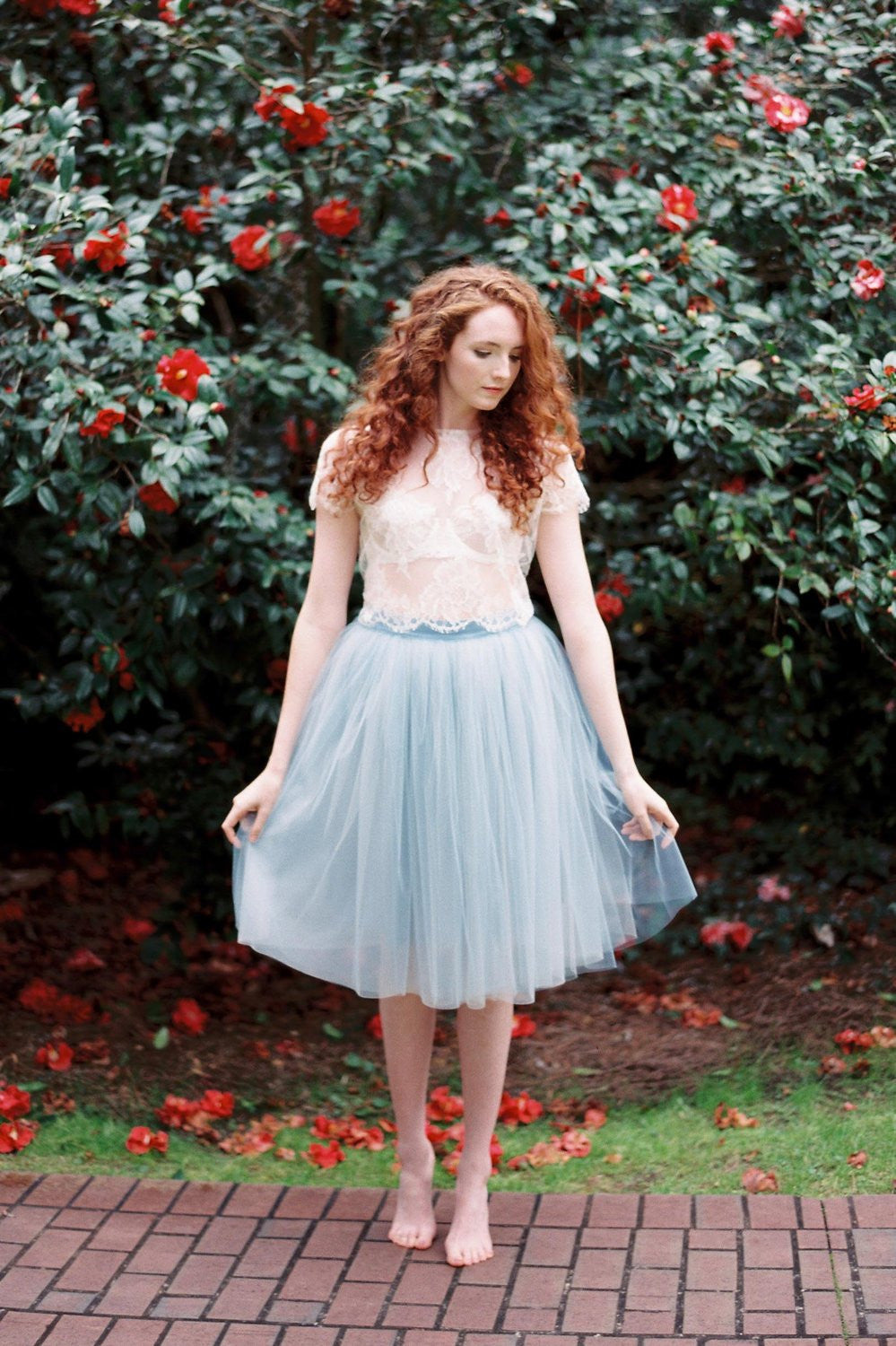 Lydia Tonal Tulle Skirt in Powder Blue | Elegant Ballet-Inspired Midi Skirt for Women | Perfect for Weddings, Parties & Special Occasions