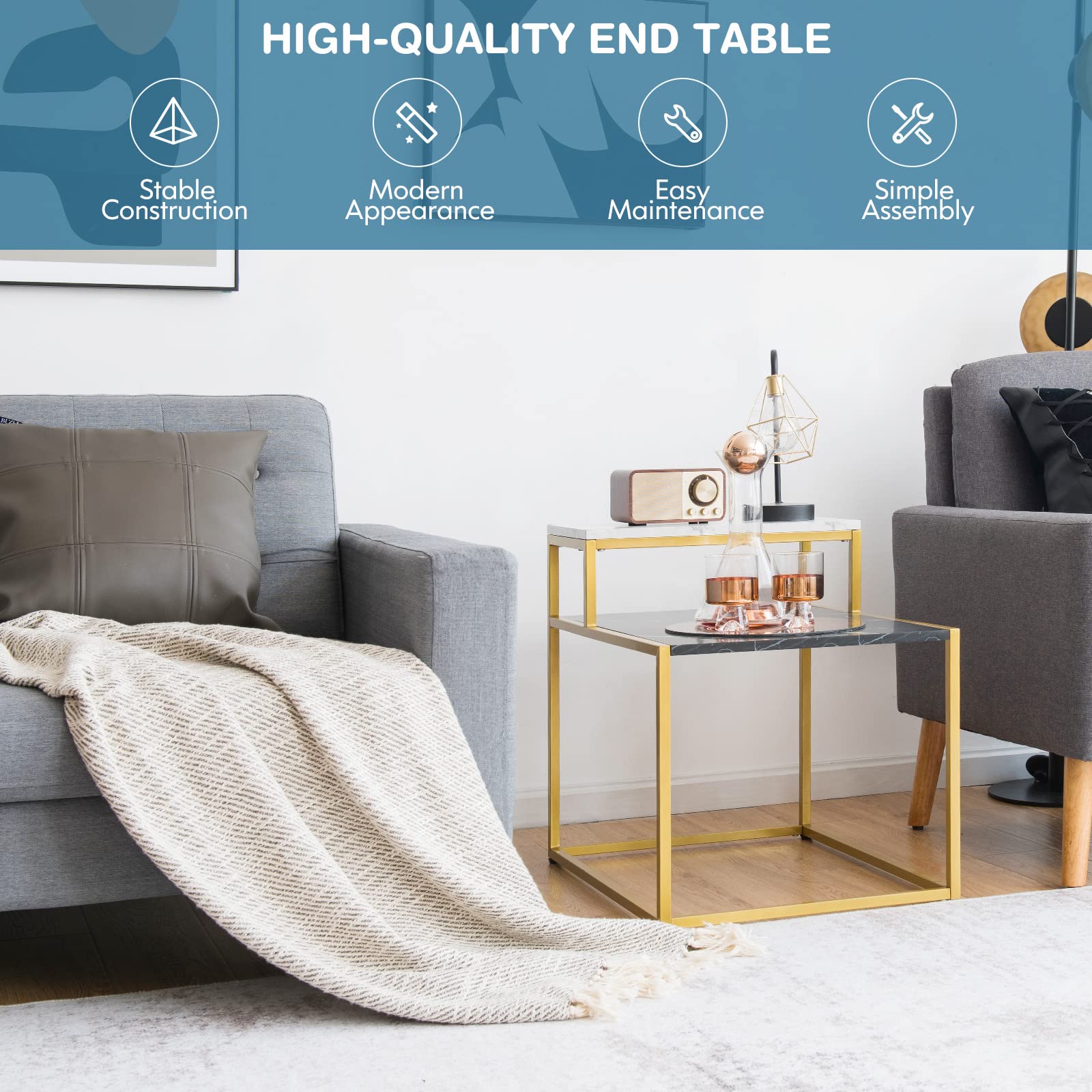 Giantex Gold End Table with Faux Marble Top - Adjustable Foot Pads & Storage Shelf - Modern Side Table for Living Room, Bedroom, Office - Easy Assembly - Perfect for Coffee, Books & Decor Display