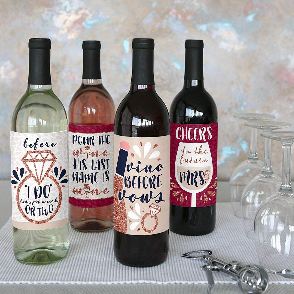 Big Dot of Happiness Vino Before Vows - 4-Pack Wine Bottle Label Stickers for Bridal Showers, Bachelorette Parties & Wedding Decor (Perfect for Wine Lovers & Couples) - Fun & Elegant Winery-Themed Celebration Decor