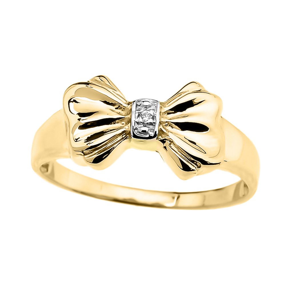 14K Yellow Gold Diamond Ribbon Bow Tie Ring for Women - Elegant Dainty Jewelry Gift for Bridesmaids, Anniversary, Valentine's Day