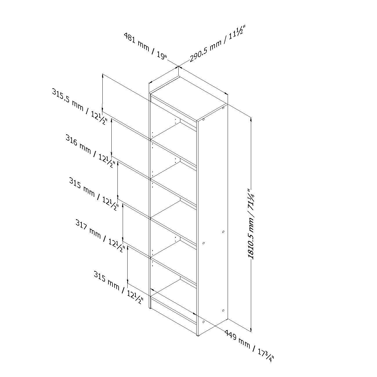FastFurnishings 5-Tier Narrow Bookcase with Black Finish - Perfect for Small Spaces, Home Office & Bedroom Storage