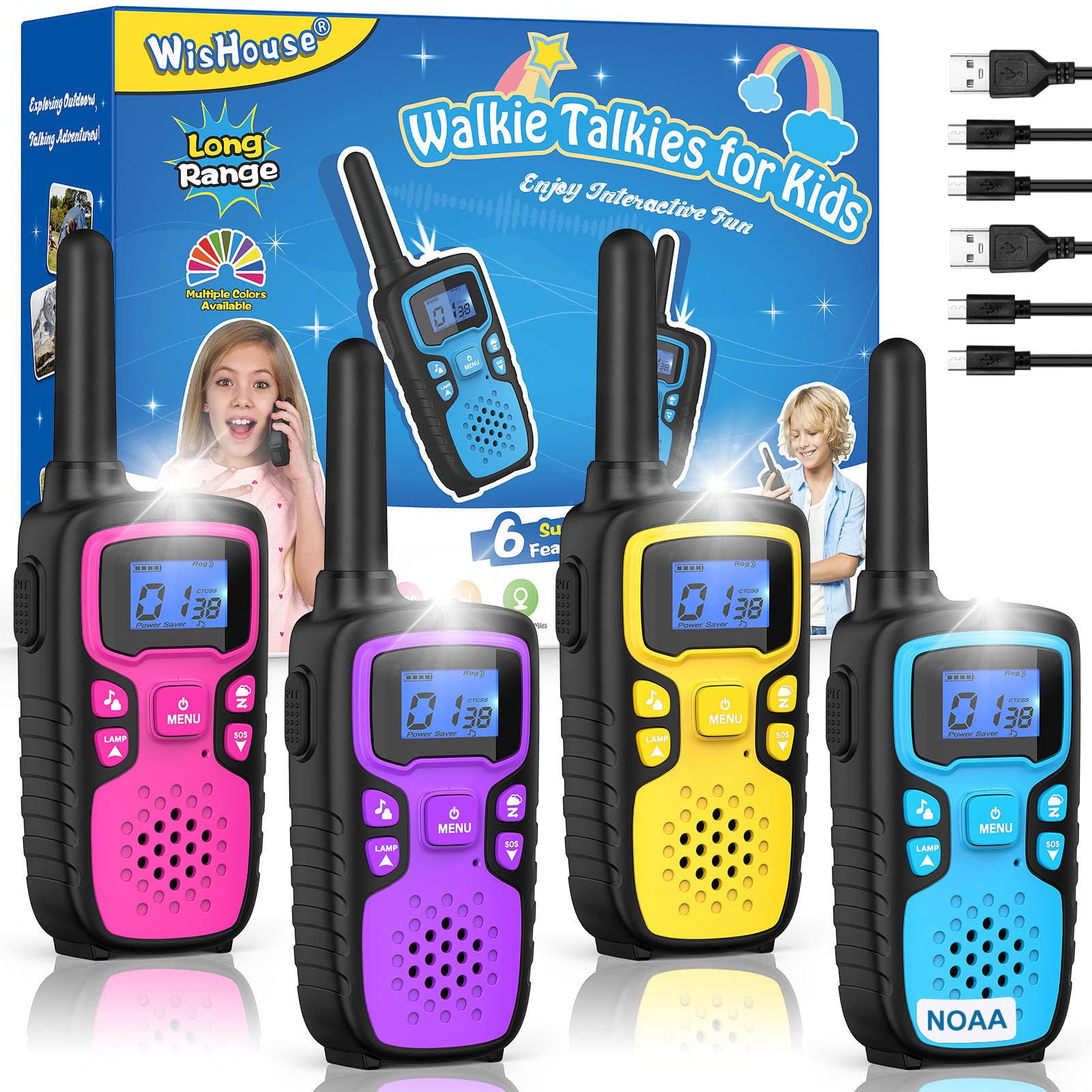 Rechargeable Walkie Talkies for Kids - Long Range 4 Pack with NOAA Weather Alerts, SOS Siren & Flashlight - Perfect Christmas Birthday Gifts for Boys Girls Ages 3-8 - Great for Hiking, Camping, Outdoor Adventures & Family Games