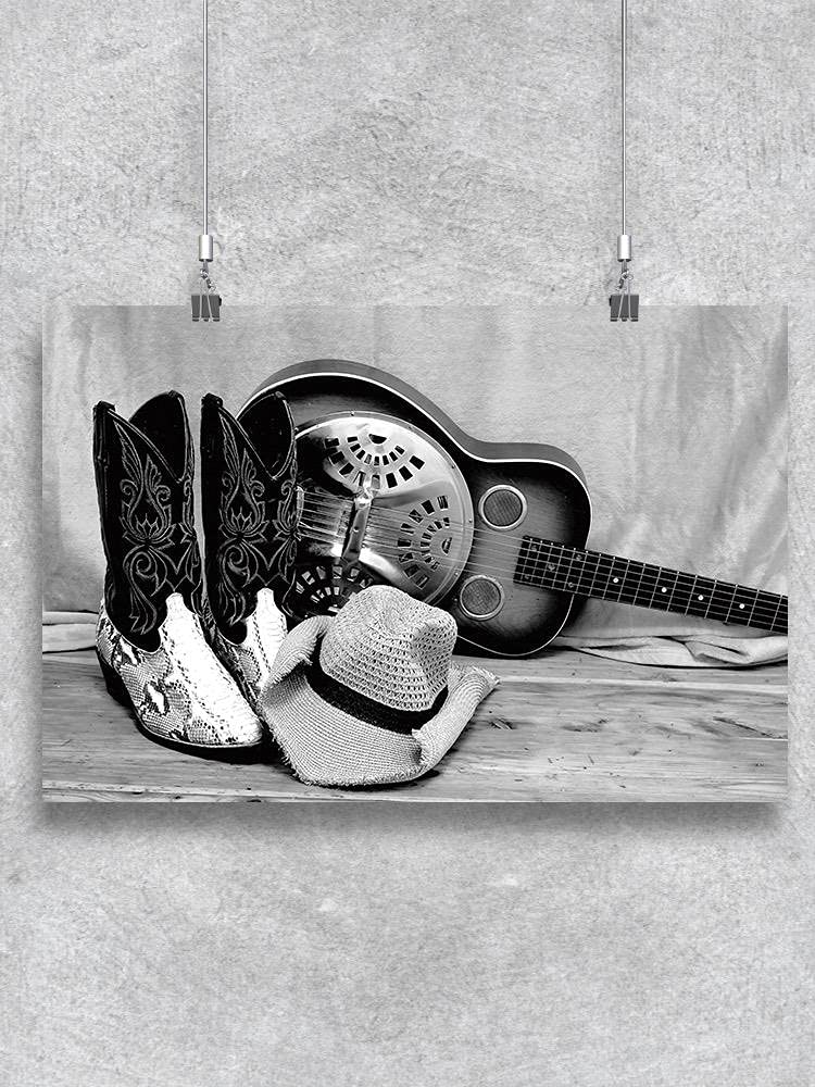 Stylish Cowboy Boots & Hat Set with Vintage Guitar Poster - Perfect for Western Decor, Country Music Fans & Cowboy Theme Parties