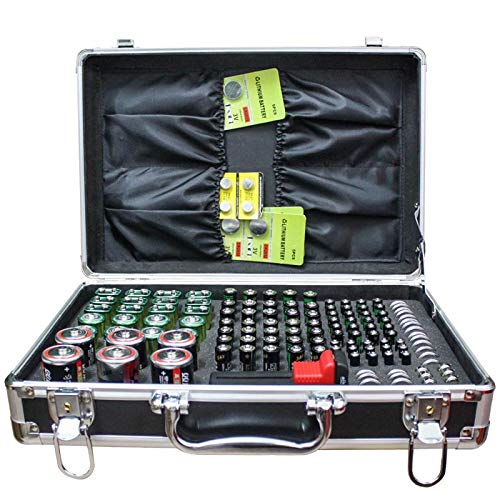 Lockable Aluminum Battery Organizer Storage Case with BT-168 Tester - Holds 142 AA/AAA/C/D/9V/3V Lithium Batteries (Batteries Not Included) - Perfect for Home, Office & Emergency Kits