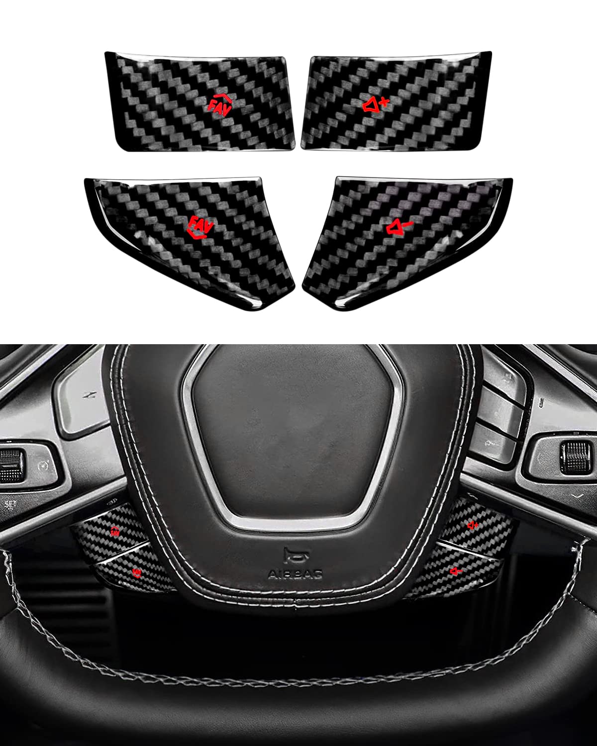 Karltys Real Carbon Fiber Steering Wheel Button Cover for Chevrolet Corvette C8 2020-2024 | 4PCS Red Interior Trim Stickers | Upgrade Your C8 Corvette Driving Experience