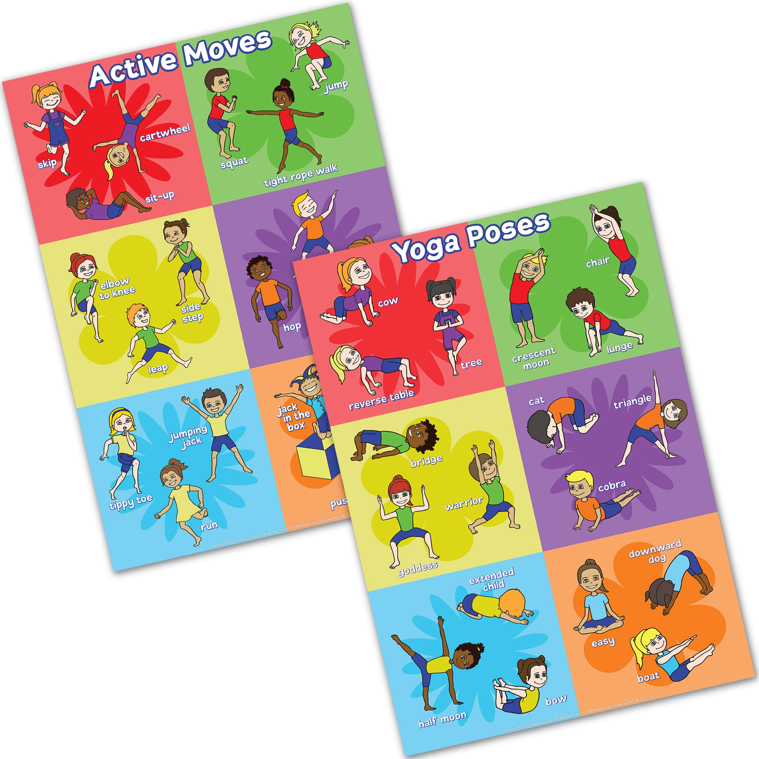 Covelico Kids Yoga Poses & Exercise Posters - Set of 2 Laminated A3 PE Charts for Physical Therapy & Classroom Decor | Perfect for PE Teachers, Homeschooling & Children's Fitness Activities