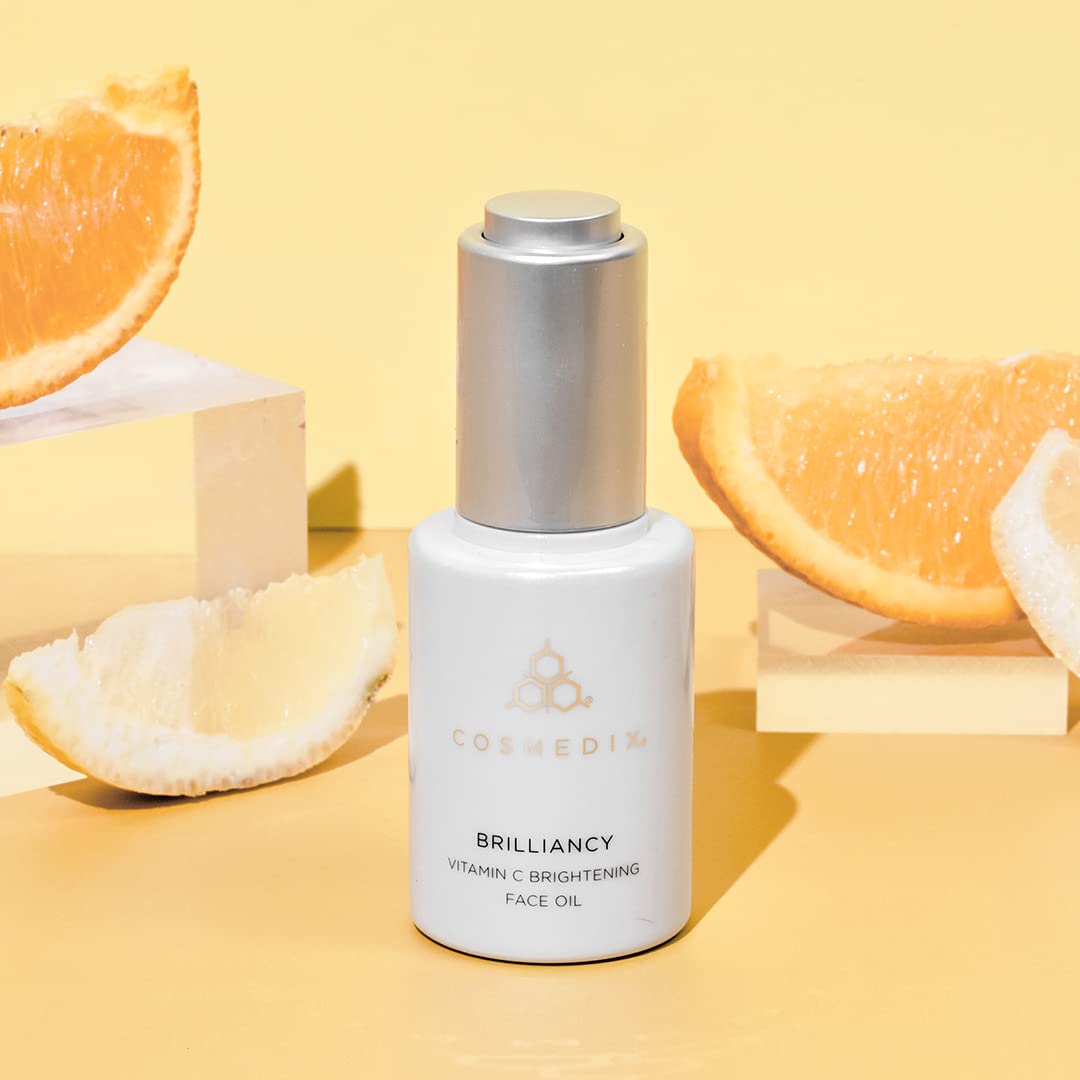 COSMEDIX Brilliancy Vitamin C Brightening Face Oil - AM/PM Hydrating Treatment with Sunflower Seed Oil & Elderberry Extract | Vegan, Gluten-Free, Cruelty-Free Skincare for Dullness & Uneven Skin Tone | Perfect for Morning & Nighttime Routine