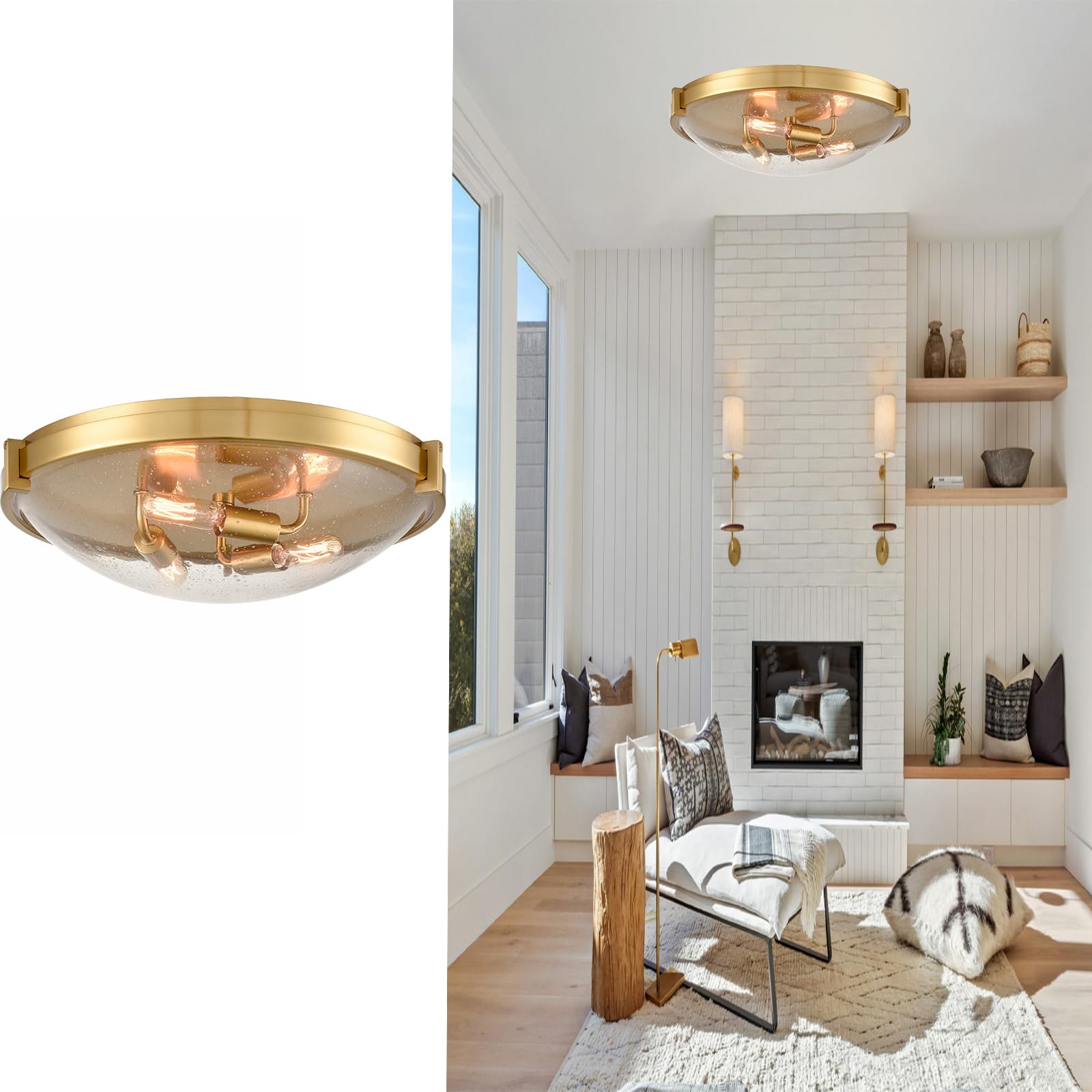 HYDELITE Large Modern Brass Flush Mount Ceiling Light - Gold 3-Light Fixture with Seeded Glass for Living Room, Bedroom, Kitchen | Elegant Lighting for Home & Office Spaces