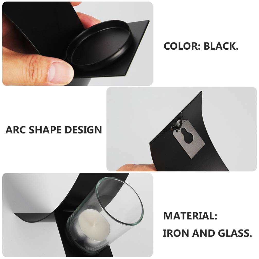 VOSAREA 2 Pack Black Metal Wall Mounted Candle Holder with Arc Glass Tray - Rustic Home Decor Shelf Bracket for Living Room, Bedroom, and Dining Room - Perfect for Tea Lights, Pillar Candles, and Decorative Display