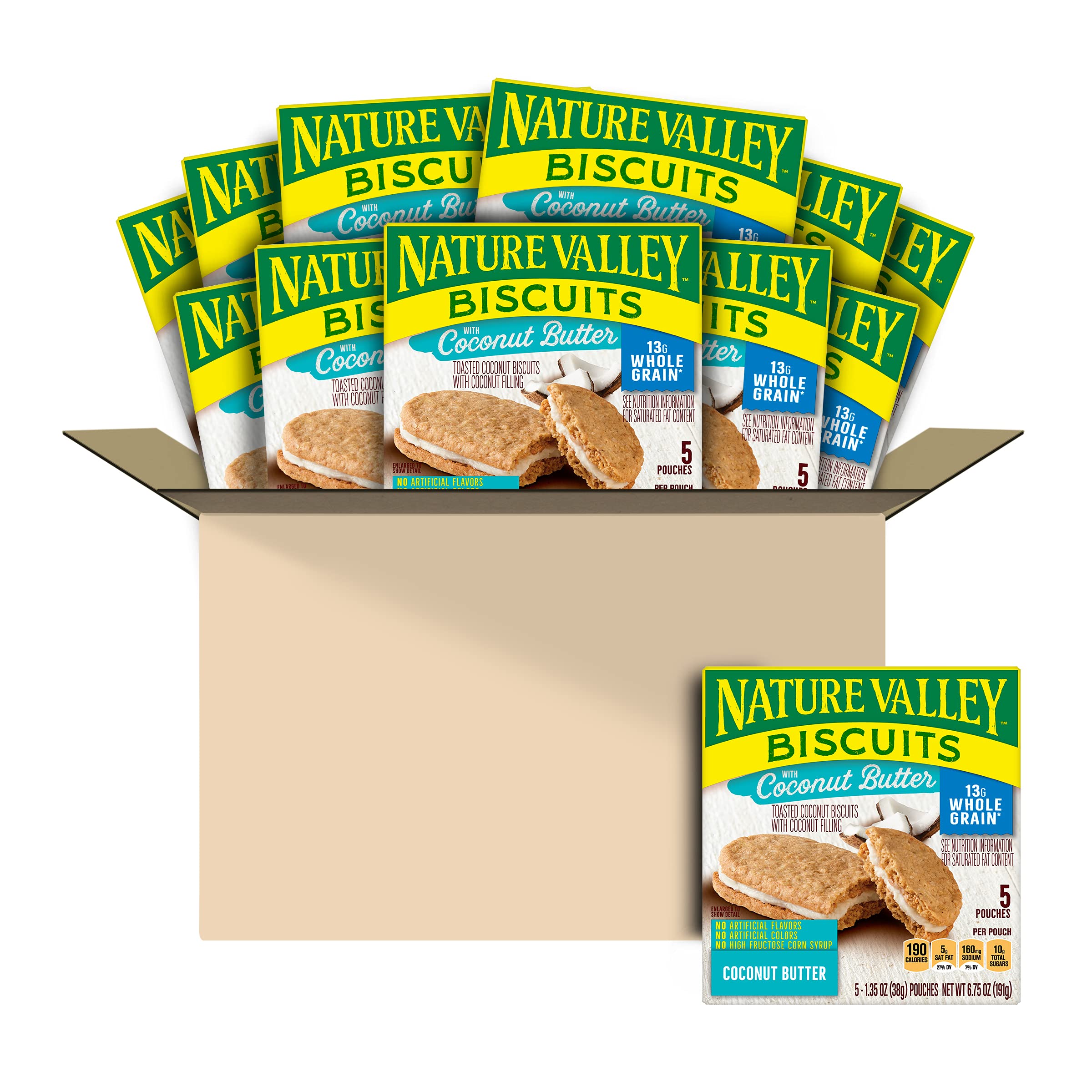 Nature Valley Biscuit Sandwiches with Coconut Butter - 5 Count Packs (6.75 oz Each) - 12 Pack Box - Healthy Snacks for Hiking, Office & School Lunch - Gluten Free Granola Bars for Kids & Adults
