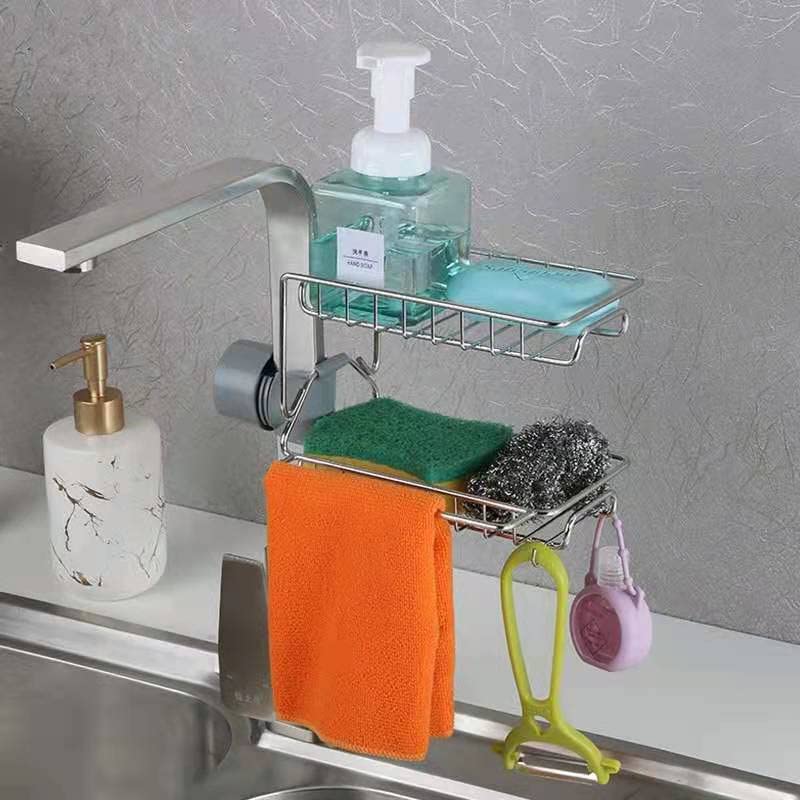 Stainless Steel Faucet Storage Rack - 2-Tier Sink Organizer for Kitchen & Bathroom Accessories, Soap Sponge Brush Holder - Perfect for Small Space Organization & Clutter-Free Sink Area