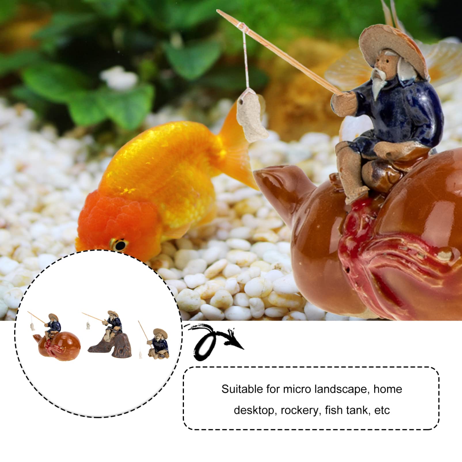 GANAZONO 3-Piece Chinese Bonsai Ornament Set - Ceramic Fisherman Figurines, Miniature Landscape Decor for Zen Gardens, Home Office Desk & Aquarium Scenery