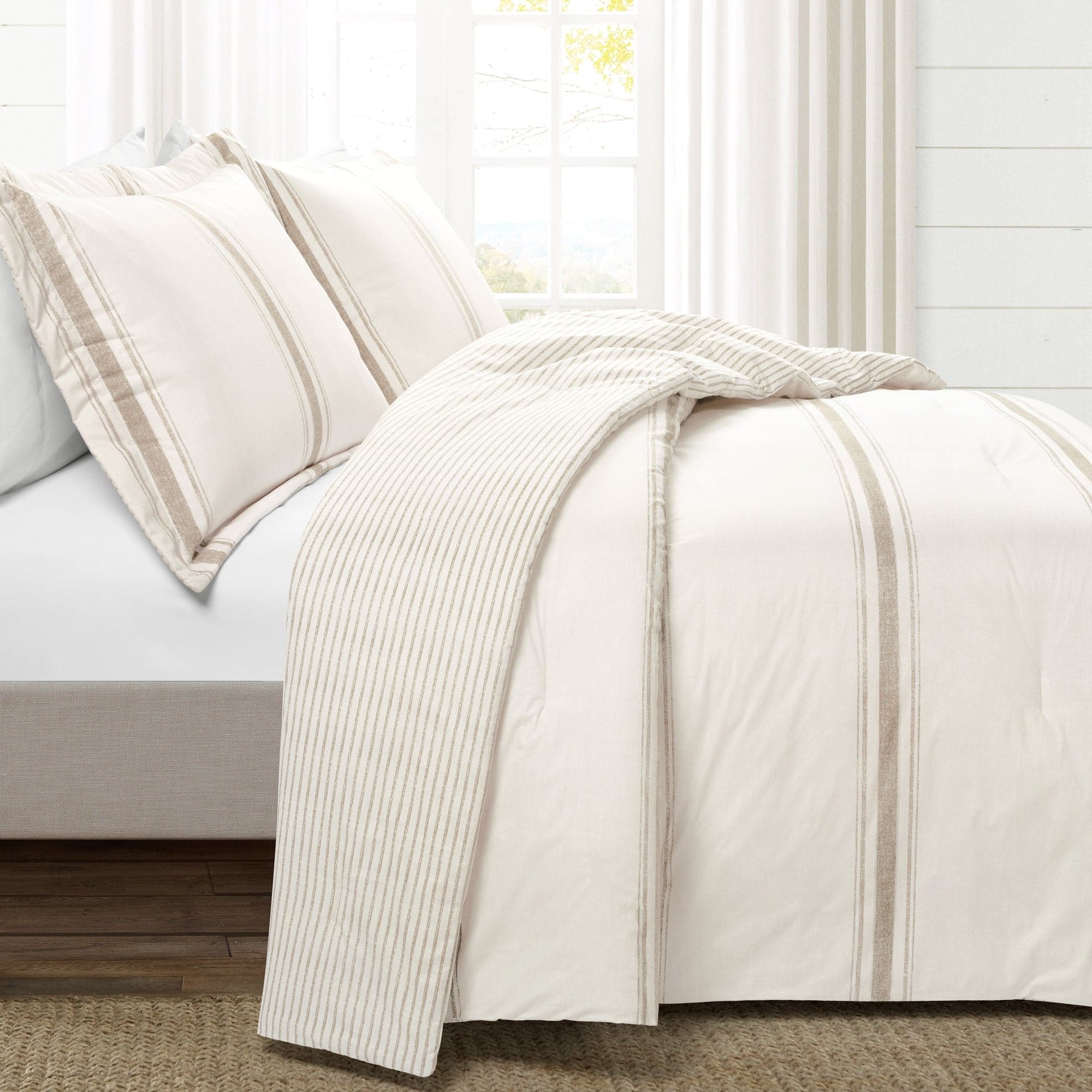 Farmhouse Stripe Reversible Comforter Set - Queen Size, Soft Breathable Cotton Bedding - Perfect for Cozy Bedroom Decor & Guest Room Styling