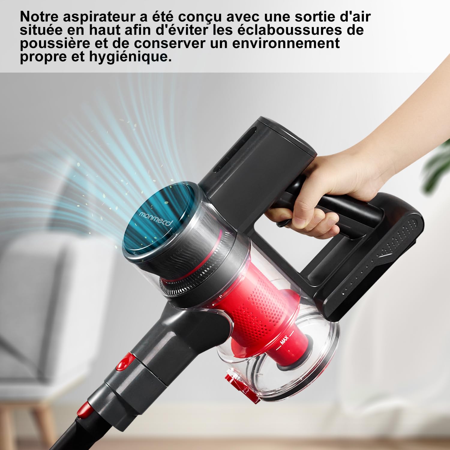 Powerful Cordless Vacuum Cleaner - 16Kpa Suction, 1L Dustbin, 49Min Runtime, 4-in-1 Lightweight Stick Vacuum with LED Display - Ideal for Hardwood Floors, Carpets, Pet Hair Cleaning - Perfect for Home, Office & Car Use (Black/Red)