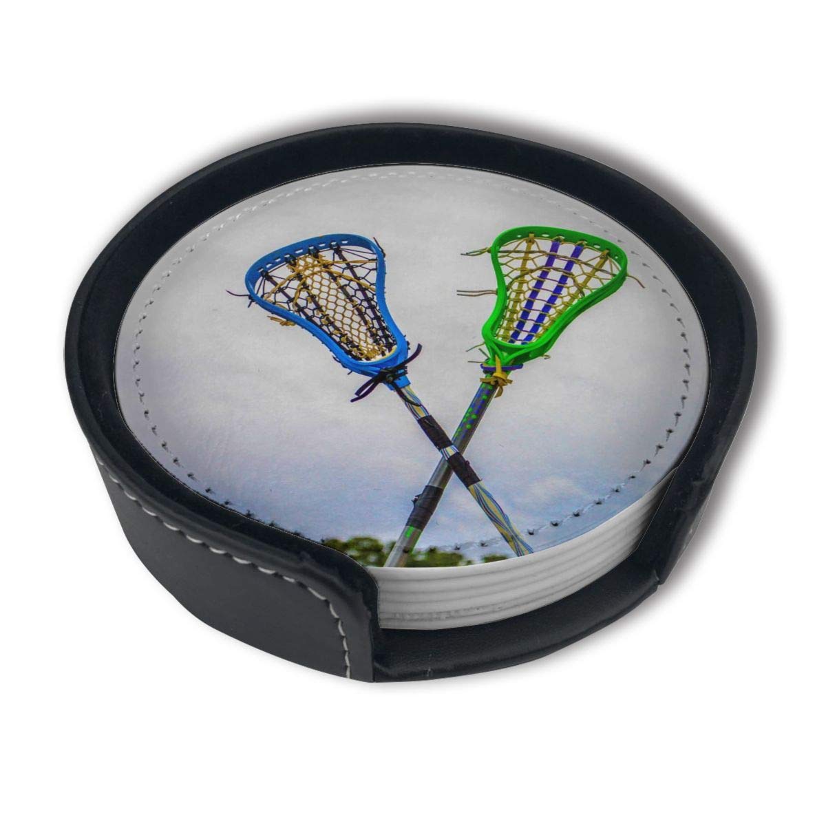 EKUIOP 6-Piece Leather Coaster Set with Holder - Premium Drink Coasters for Lacrosse Fans - Funny Gift Idea - Round Cup Mats for Home, Kitchen & Office Use - Perfect for Coffee Tables, Bars & Game Rooms