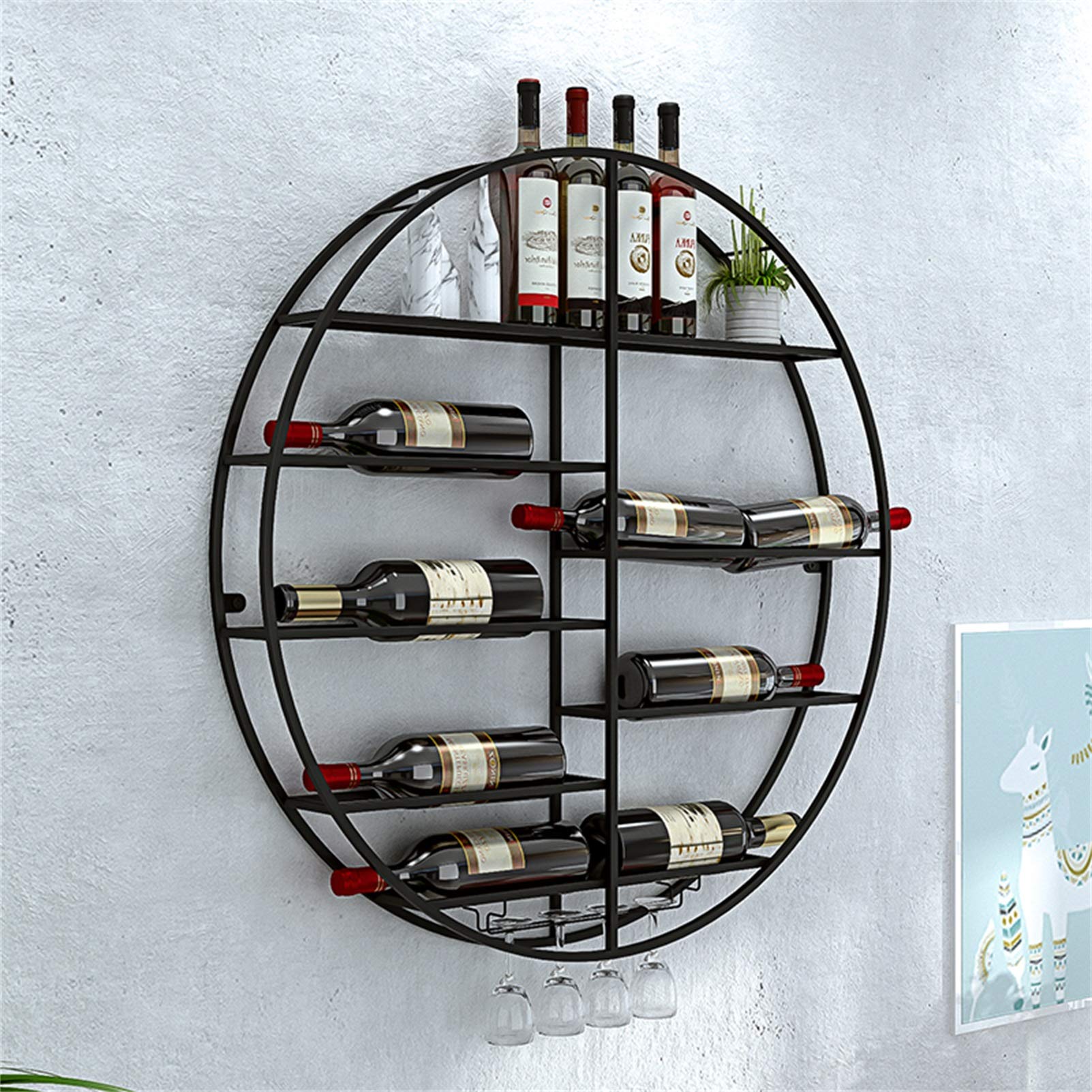 Wall Mounted Round Wine Rack - Large Capacity for 12 Bottles & 4 Stem Glasses - Black Wine Display Shelf (90x10x90cm) - Perfect for Kitchen, Dining Room or Bar Decor