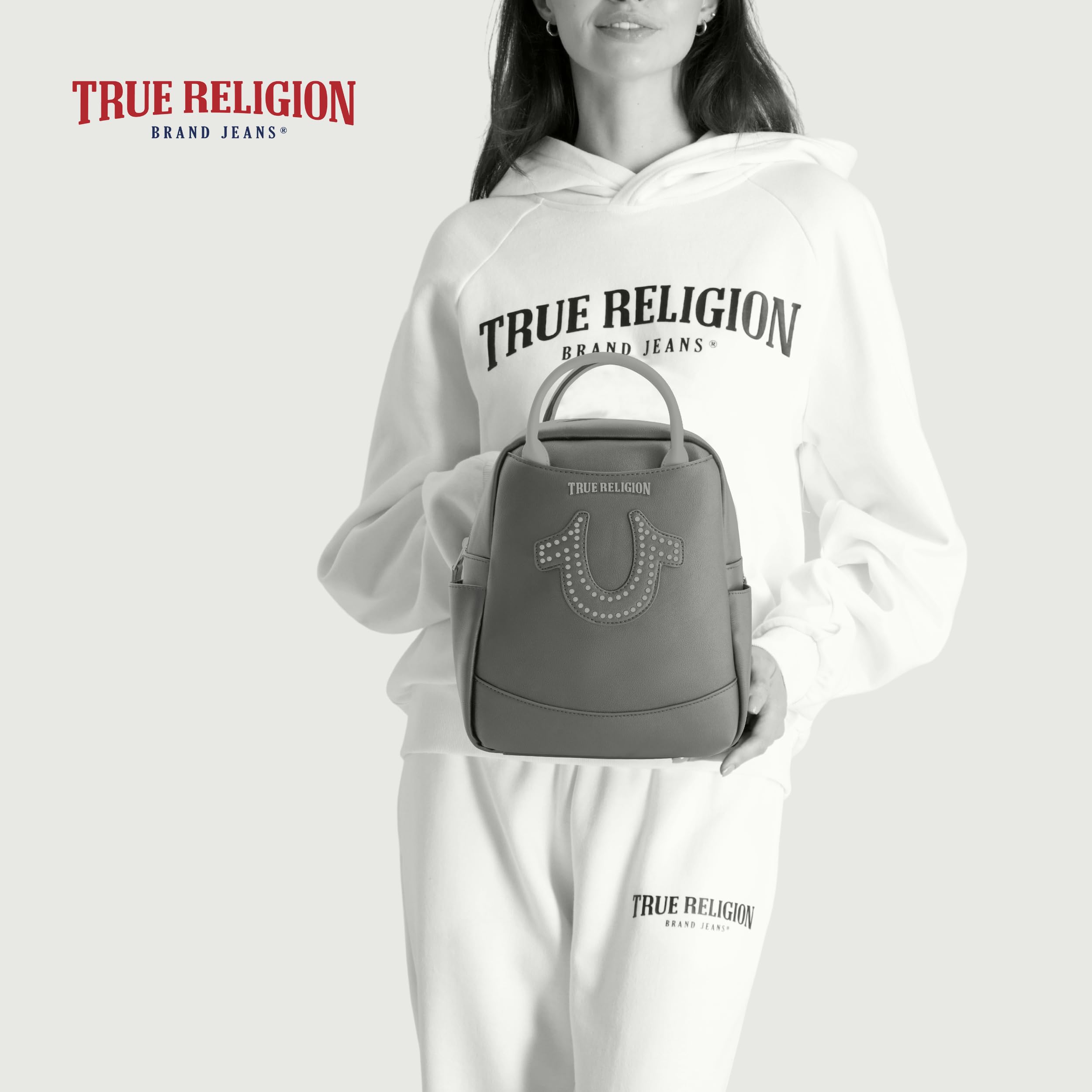 True Religion Women's Mini Backpack - Studded Horseshoe Logo Small Travel Bag Purse with Adjustable Shoulder Straps | Blue 11 Inch | Perfect for Travel, Shopping & Daily Use