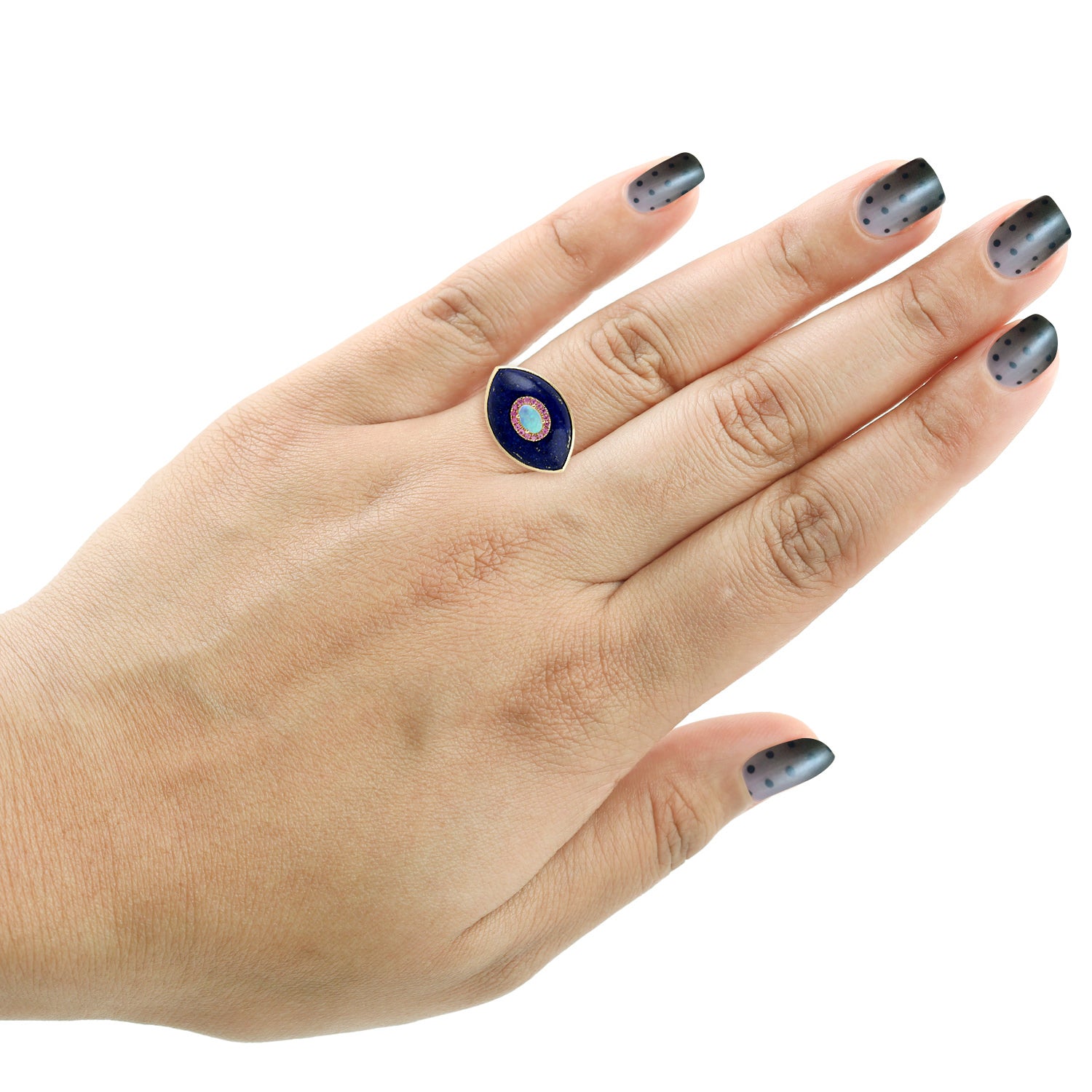 14K Gold Evil Eye Ring with Fancy Cut Lapis Pink Sapphire & Ethiopian Opal – Perfect for Protection, Spiritual Healing & Boho Jewelry Gifts