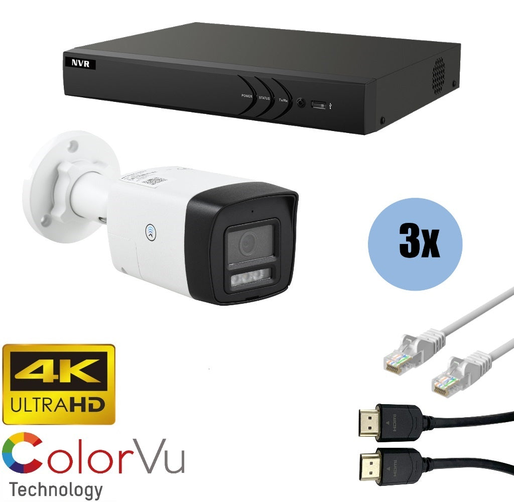 3-Piece Security Camera Kit with 8MP 4K Ultra HD, ColorVu Night Vision, NVR & Pre-Installed Cables - Ideal for Home & Business Surveillance