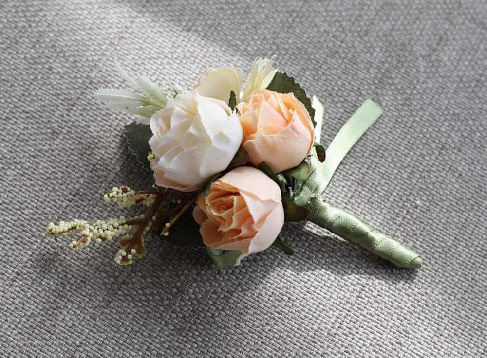 Artificial Rose Boutonniere & Corsage Set - Champagne Wedding Groom Boutonniere, Prom Party Suit Pin, Bridal Bouquet Brooch - Elegant Floral Accessory for Weddings, Proms, and Formal Events (Pack of 1)