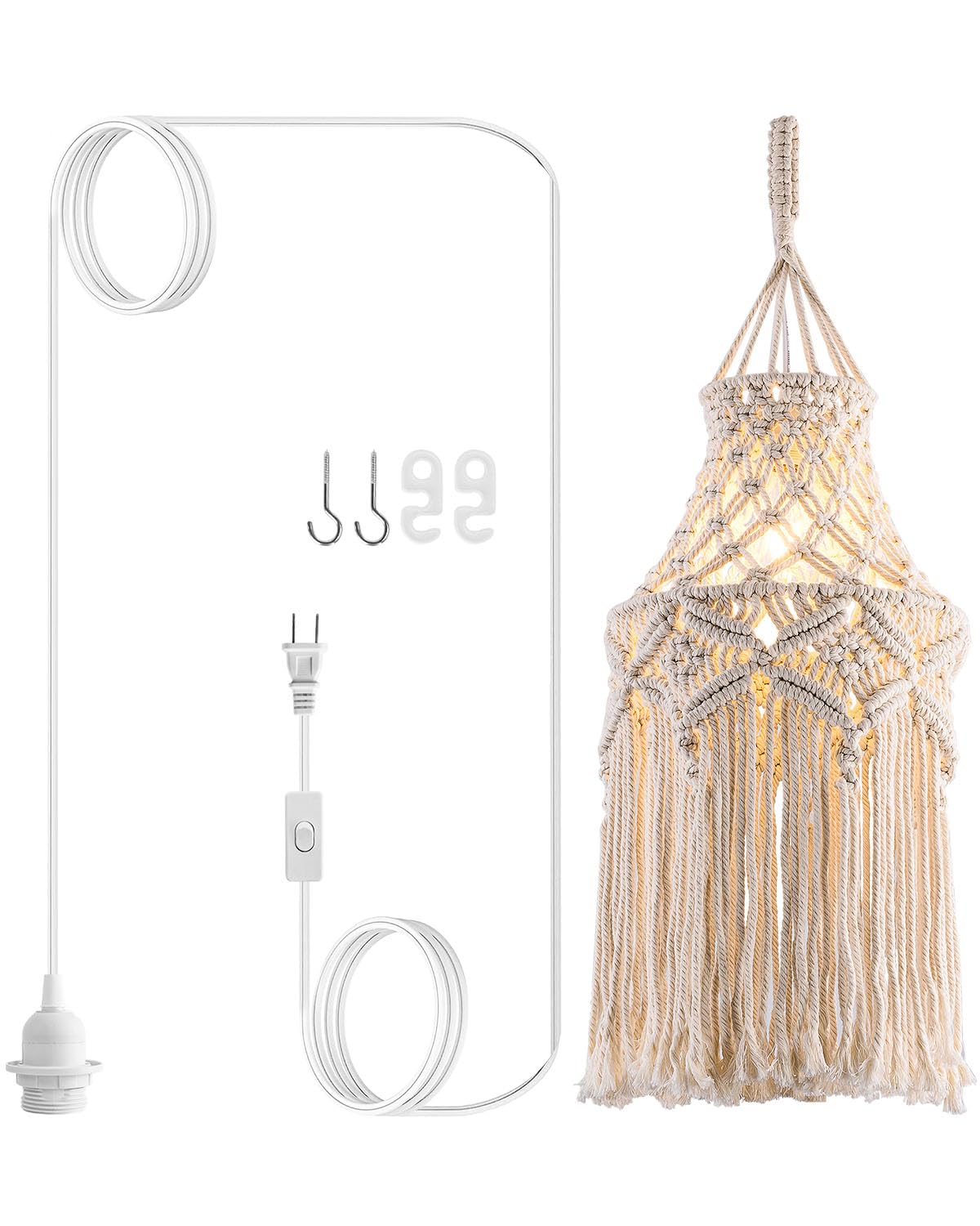 Boho Plug-in Pendant Light Macrame Lamp Shade - Hanging Ceiling Light with On/Off Switch & 6ft Cord - Bohemian Plug-in Wall Light Fixture for Bedroom, Living Room, Nursery & Dorm Decor - Perfect for Boho, Farmhouse & Vintage Style Home Decorating
