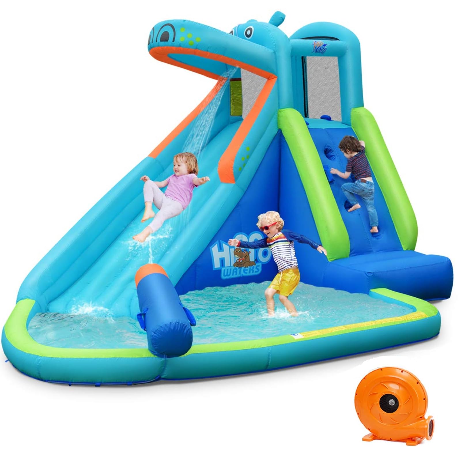 BOUNTECH Inflatable Water Slide for Kids & Adults - Hippo Themed Backyard Water Park with Long Slide, Splash Pool & 740W Blower | Outdoor Summer Party Toy, Birthday Gift for Toddlers & Children | Perfect for Backyard Fun, Pool Parties & Summer Gatherings