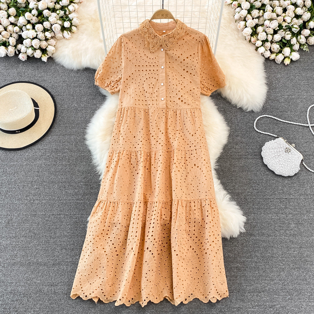 2022 Summer Women's Elegant Hollow Puff Sleeve Long Dress with Doll Collar - Perfect for Beach Vacations, Garden Parties & Romantic Dates