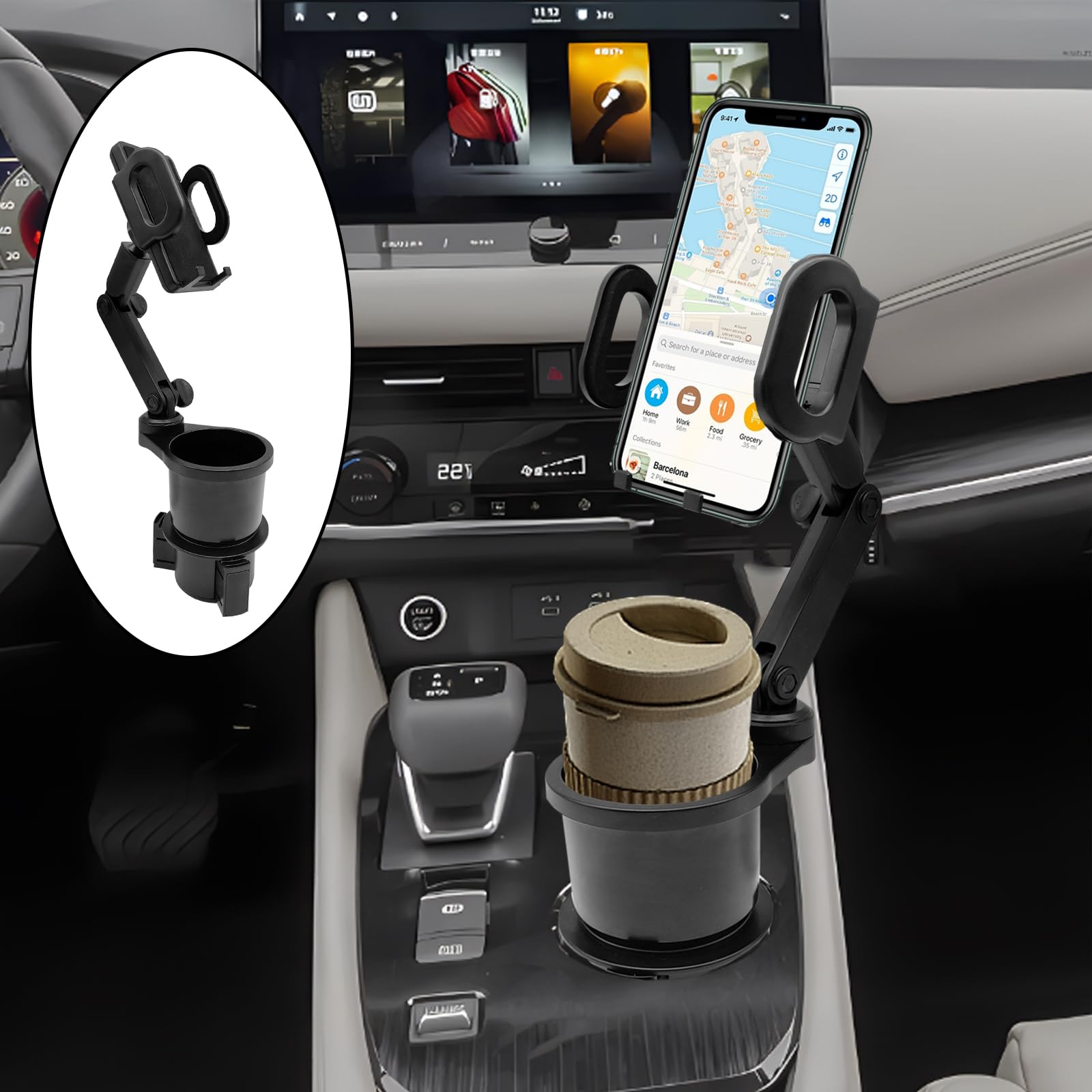 2-in-1 Car Cup Holder Expander with Phone Mount - Adjustable Base & 360° Rotation - Compatible with iPhone & All Smartphones - Perfect for Road Trips & Commuting