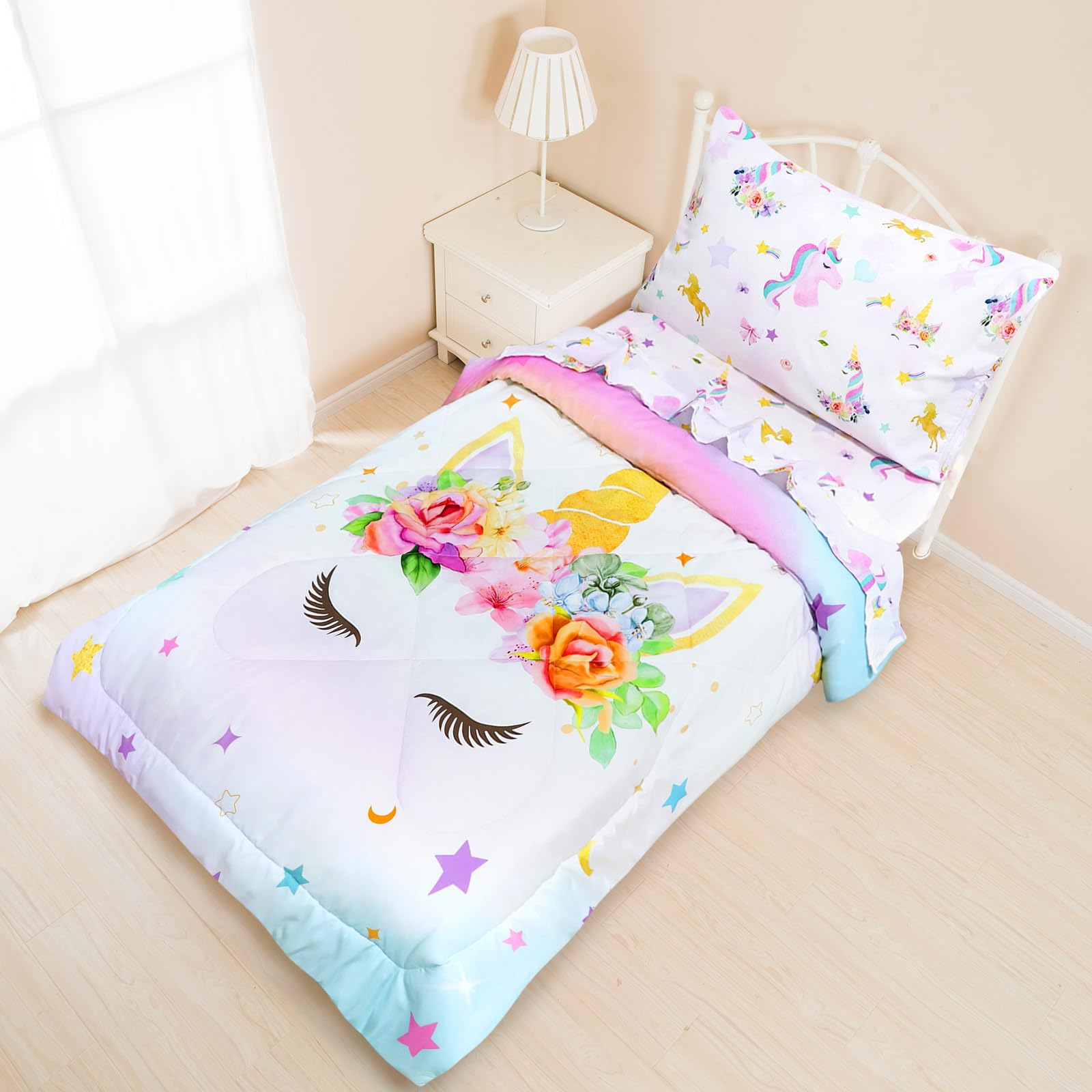 Unicorn Toddler Bedding Set for Girls - 4 Piece Pink Floral Crib Bedding with Comforter, Fitted Sheet, Flat Sheet & Pillowcase | Soft & Comfortable Nursery Bedding for Toddler Girls | Perfect for Nursery Decor, Baby Shower Gifts & Kids' Room Makeover