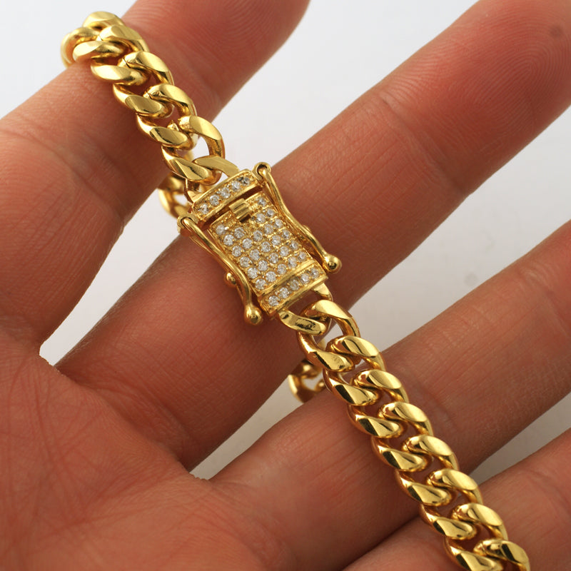 8mm Gold Cuban Link Bracelet with CZ Diamond Lock - Elegant Jewelry for Women, Men, Perfect for Parties, Weddings & Everyday Wear