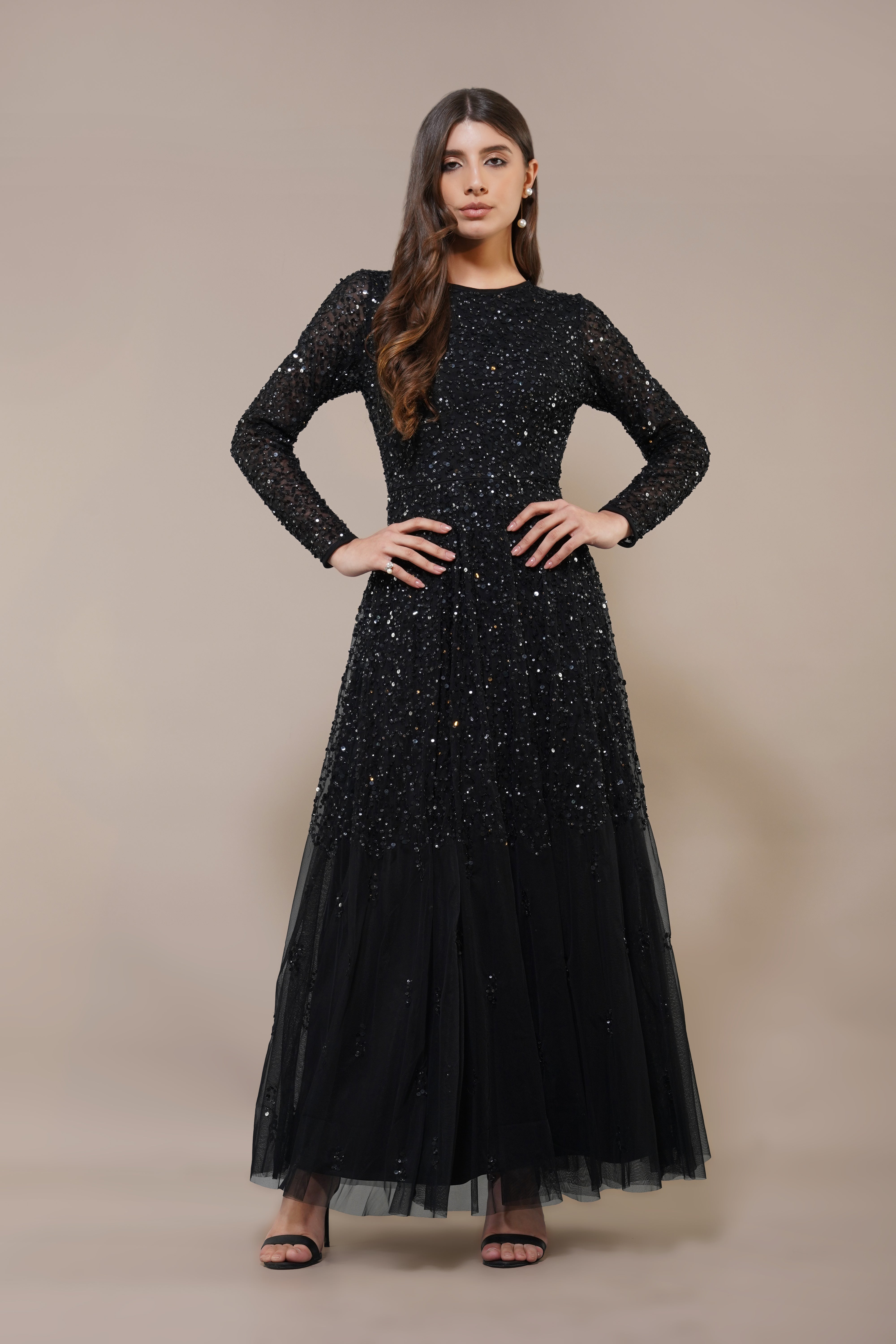 Elegant Black Sila Long Sleeve Embellished Maxi Dress for Women - Perfect for Evening Parties, Weddings & Special Occasions