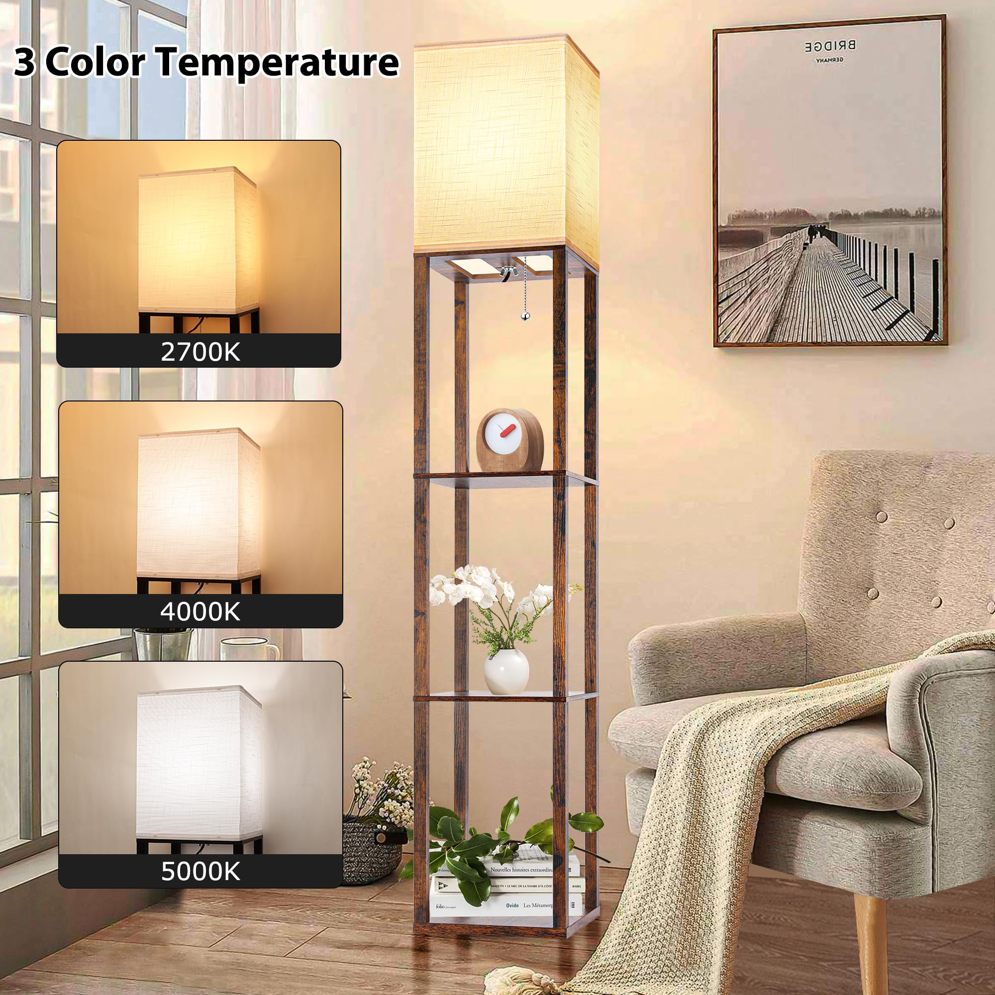 Modern Floor Lamp with Shelves - 3-Tier Corner Standing Lamp with Adjustable CCT LED Bulb, White Linen Shade - Perfect for Living Room, Bedroom & Office Organization - Space-Saving Shelf Tower for Books, Decor & Nightstand Essentials