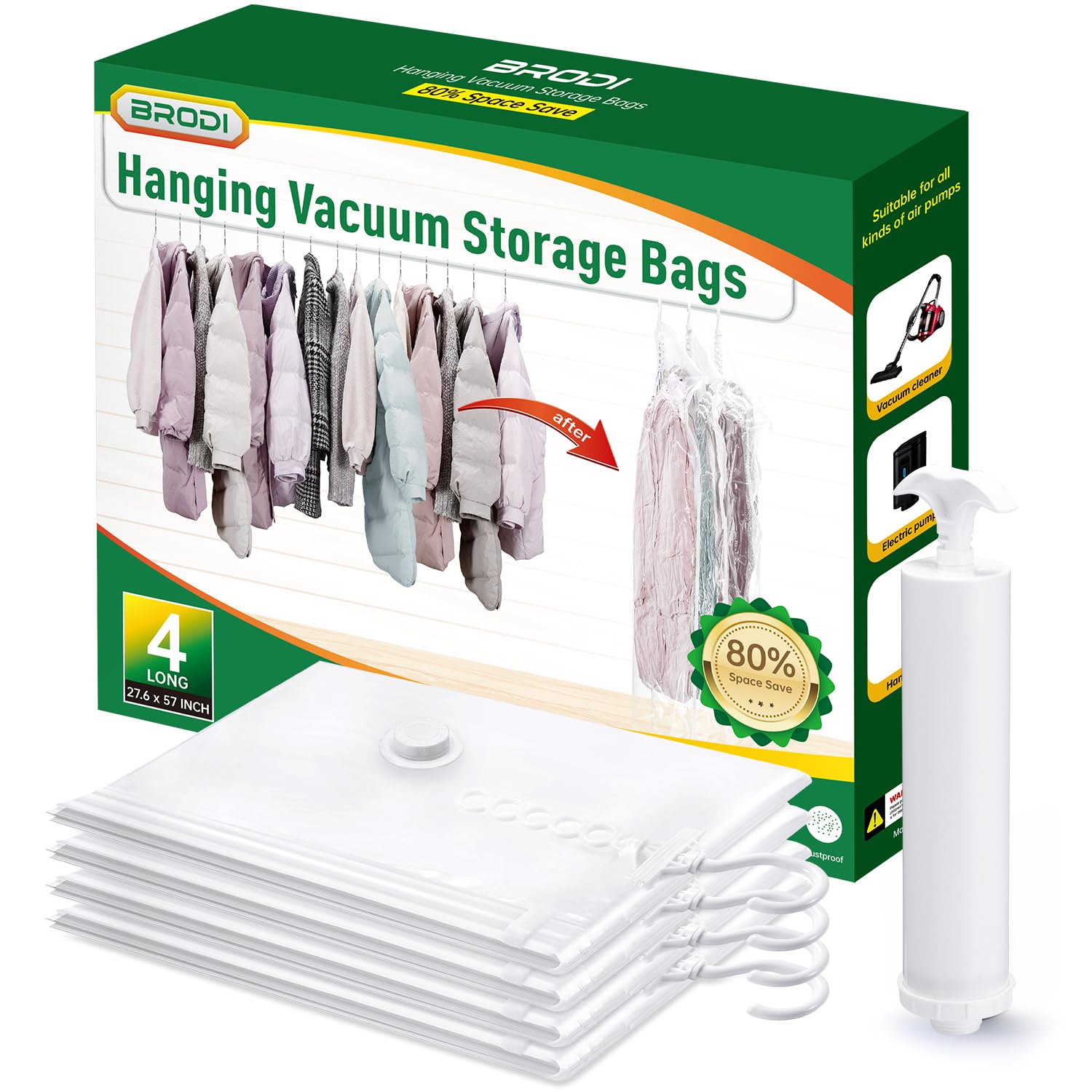 Vacuum Storage Bags for Clothes with Hand Pump - 4 Pack Space Saver Hanging Garment Bags for Coats, Dresses, Suits & Jackets | Perfect for Travel, Seasonal Storage & Small Closet Organization