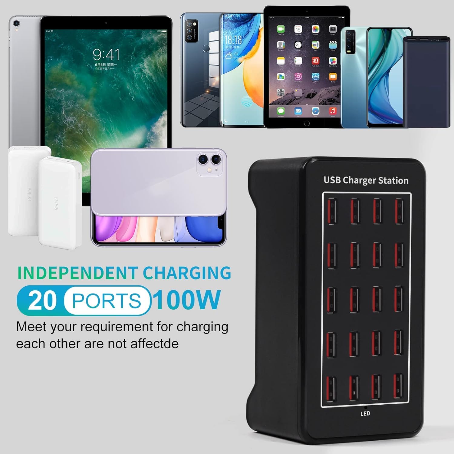 20-Port USB Charger 100W for Smartphones & Tablets - Home & Office Use