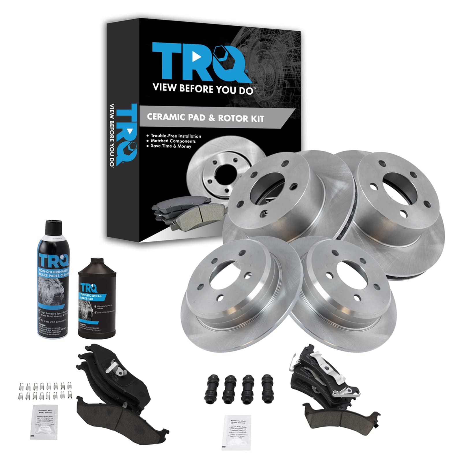 TRQ Premium Ceramic Front & Rear Brake Pad & Rotor Kit with Brake Chemical Kit - Compatible with 1995-1998 Jeep Grand Cherokee - Perfect for Off-Roading, Daily Commuting & Heavy-Duty Towing