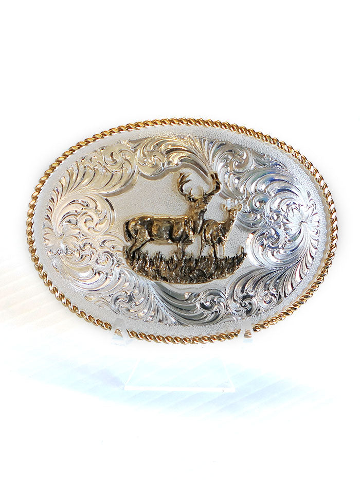 Montana Silversmiths 1340 977L Gold Rope Trimmed Buck and Doe Engraved Belt Buckle - Western Style Silver Buckle for Cowboy Boots, Jeans & Rodeo Outfits