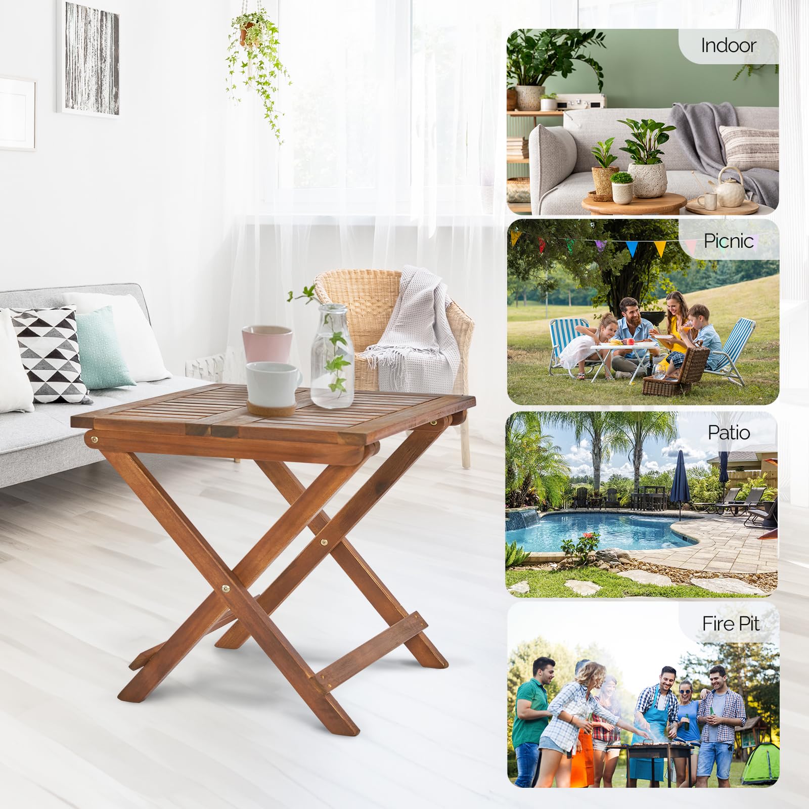 Outvita Outdoor Side Table - Small Acacia Wood Patio Table with Square Folding Frame, Waterproof & Space Saving - Perfect for Patio, Backyard, Balcony, Pool & Porch - Weather Resistant Outdoor Furniture for Relaxing & Entertaining