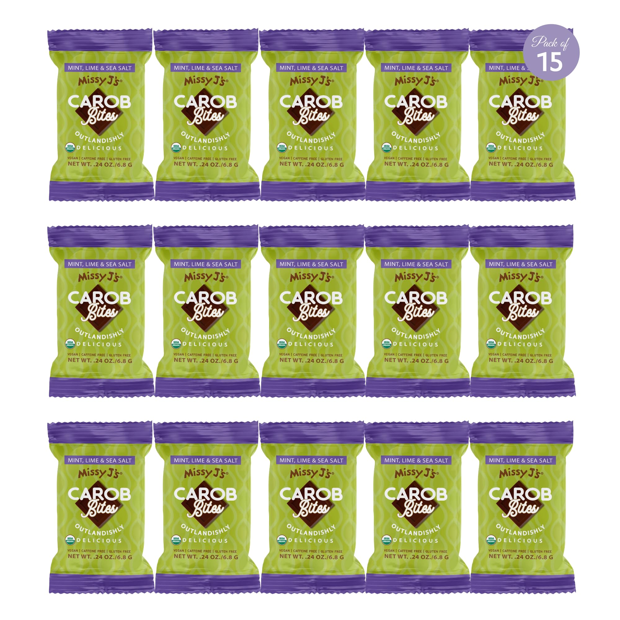Missy J's Organic 24 Oz Minty Mint Carob Mini Bites 15 Pack | Vegan, Soy-Free, Gluten-Free Healthy Snacks | Perfect for Office Treats, School Lunches & Travel Snacking