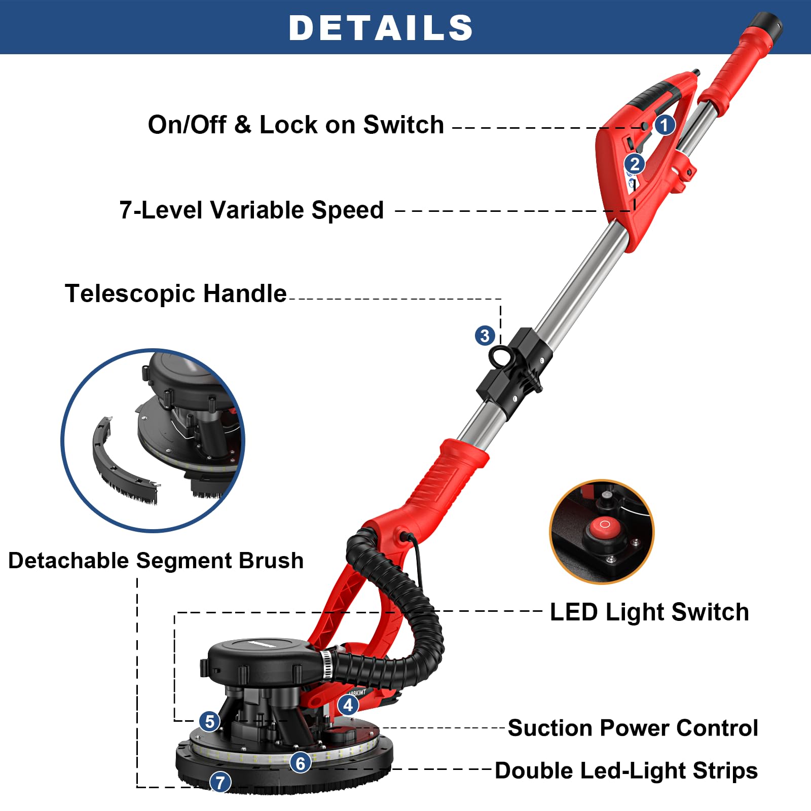 950W 8-Amp Drywall Sander with Vacuum Attachment - 7 Variable Speed Dust Collector - Lightweight Dustless Wall Sander with 360° LED Light for Ceiling, Floor & Popcorn Texture Removal - Perfect for Home Renovation & Professional Drywall Repair