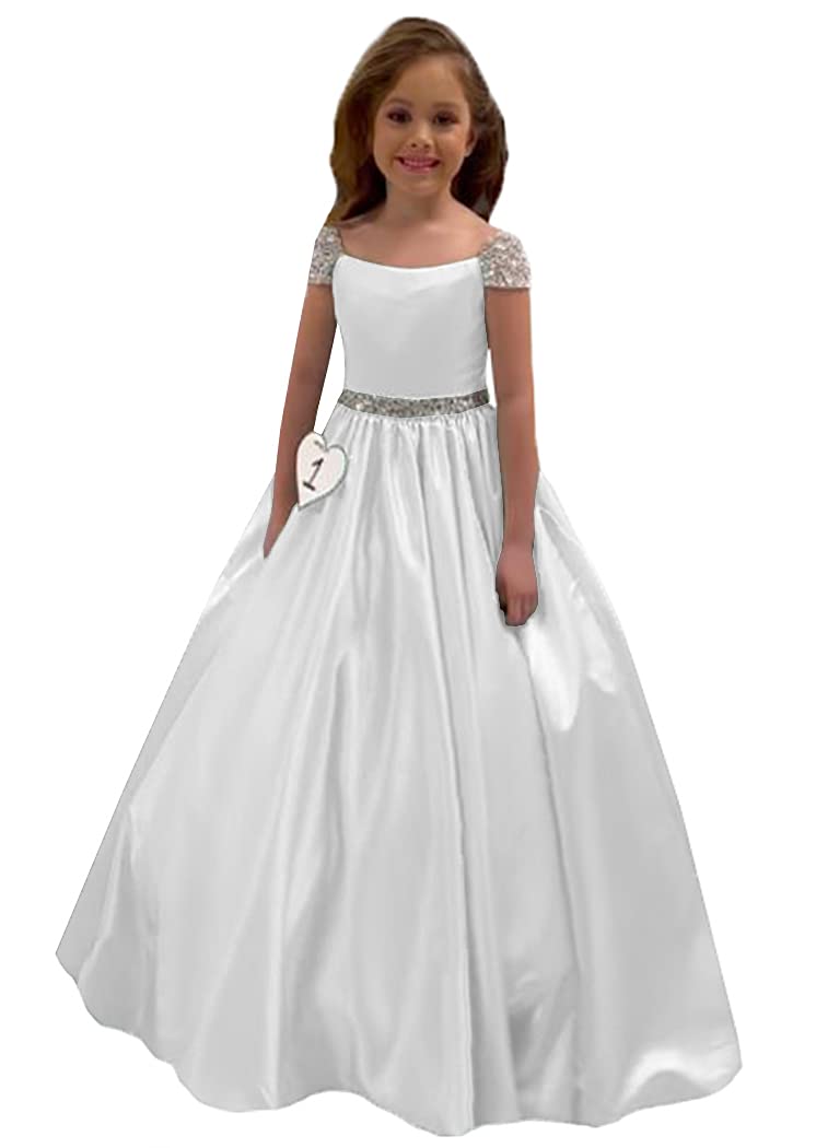 Elegant M_RAC Girls Cap Sleeves Beaded Pageant Dress - Long Princess Formal Gown with Pockets for Birthday Party, Pageants & Special Occasions | PA009