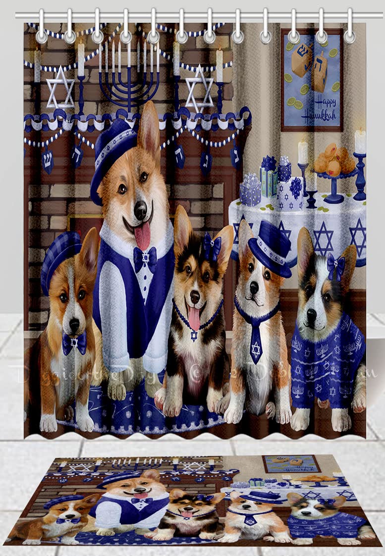 Happy Hanukkah Family Corgi Dogs Bath Mat & Shower Curtain Set - Anti-Slip Bathroom Decor, Plush Rug & Polyester Bathtub Curtain with Hooks (Mat 20