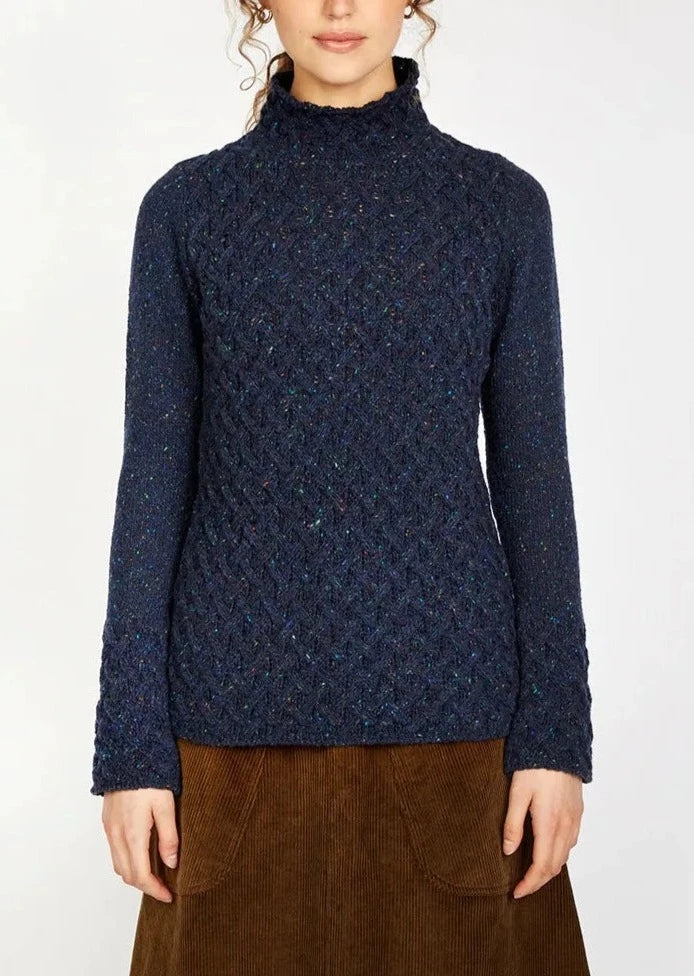 Ireland's Eye Women's Cable Knit Aran Sweater - Rich Navy Wool Pullover for Fall & Winter | Cozy Casual Wear, Office Outfits, Holiday Fashion