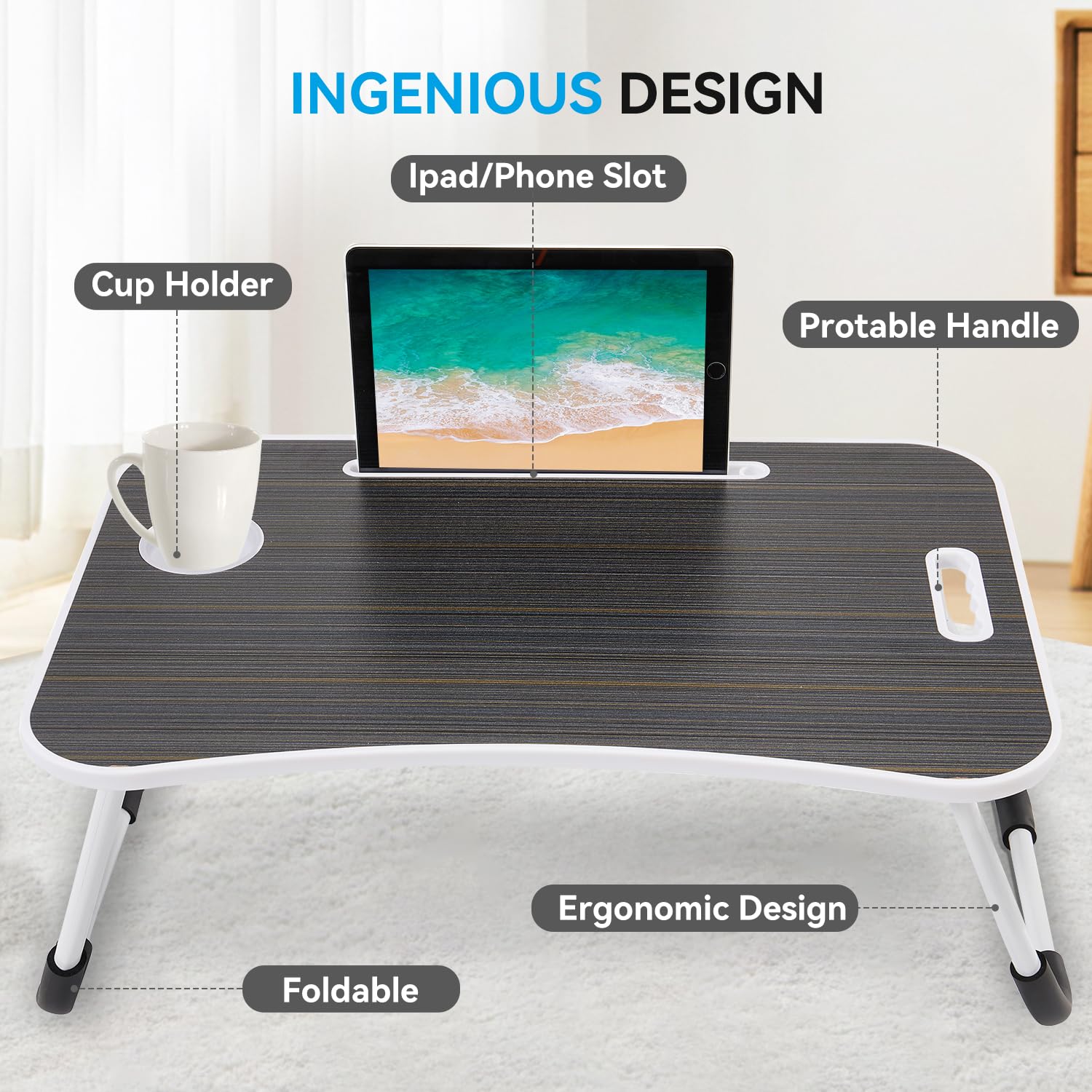 Folding Lap Desk 23 Inch - Portable Wood Laptop Tray with Cup Holder for Work, Study, Eating & Watching Movies in Bed, Sofa or Floor
