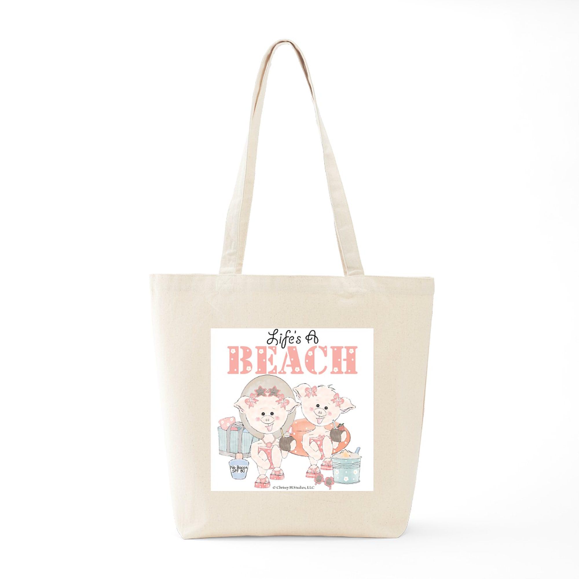 Life's A Beach Tote Bag - Natural Canvas Reusable Shopping Bag with Pigs in Swimsuits Design | Perfect for Groceries, Beach Trips & Eco-Friendly Shopping