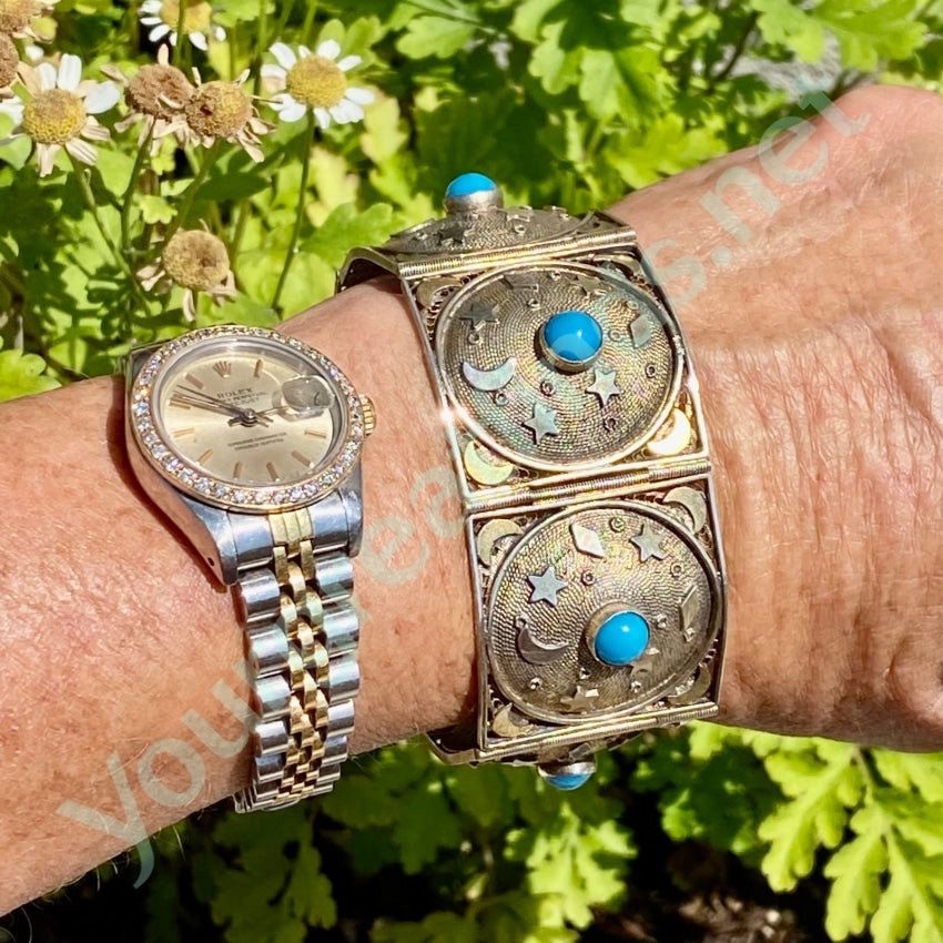 Vintage Gold Washed 800 Silver Moon and Stars Charm Bracelet - Perfect for Boho Chic Outfits & Festival Jewelry