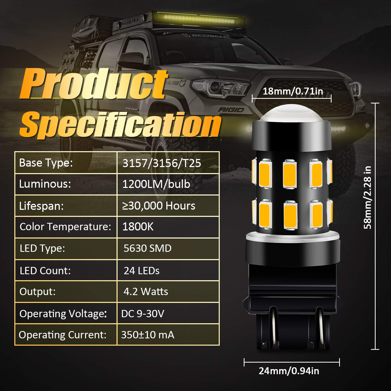 3157 LED Bulbs - Super Bright 24-SMD 9-30V Non-Polarity Amber Yellow Bulbs (Pack of 2) for Turn Signal, Blinker & Side Marker Lights - Compatible with 3056 3156 3057 4057 3157K 4157 - Perfect for Cars, Trucks & Motorcycles