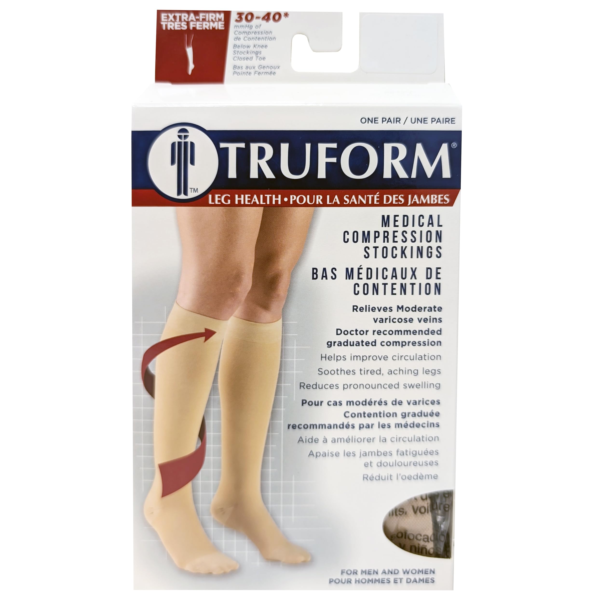 Truform 30-40 mmHg Medical Compression Socks for Men & Women - Knee High Support Stockings, Closed Toe, White, Medium Size - Ideal for Travel, Varicose Veins & Post-Surgery Recovery