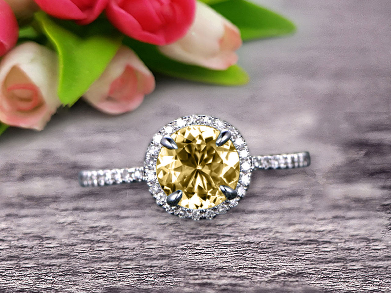 1.50 Carat Round Cut Champagne Diamond Moissanite Engagement Ring - 10k White Gold Art Deco Halo Design for Wedding, Proposal & Anniversary Gift
