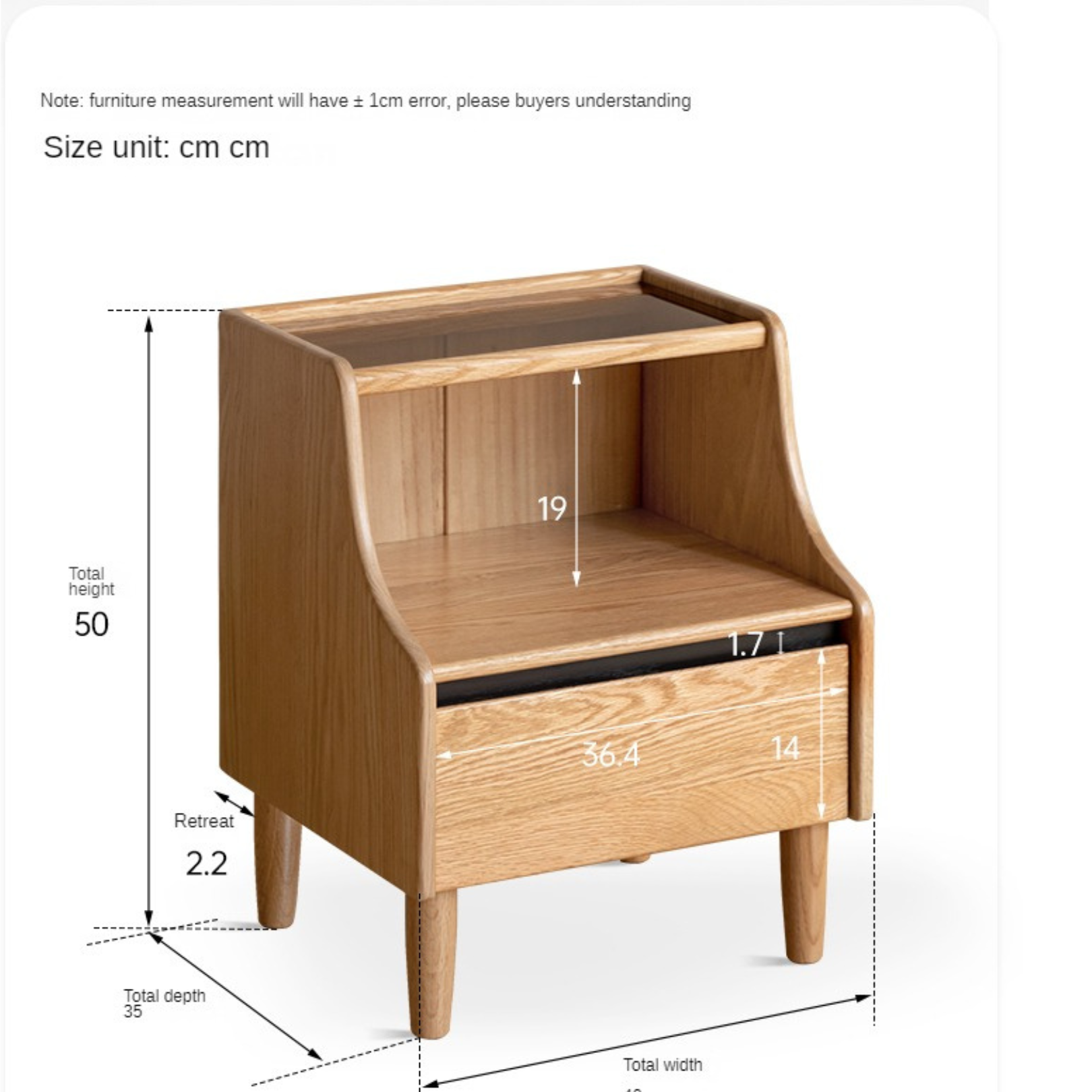 Solid Oak Wood Nightstand with Glass Top - Modern Bedside Table for Bedroom, Living Room, or Office