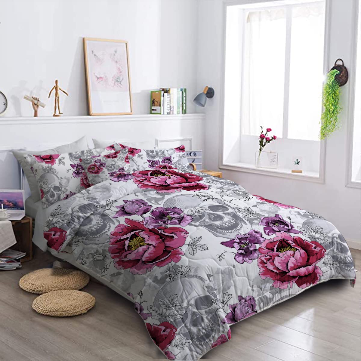 BlessLiving Sugar Skull Comforter Set King 8-Piece - Rose Grey Gothic Bedding with Sheets | All-Season Down Alternative Bedding for Boys' Room, Teen Bedroom & Halloween Decor